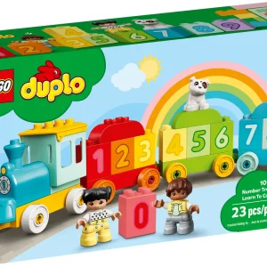 Catch the colorful new LEGO® DUPLO® My First Number Train - Learn To Count (10954). With 10 number bricks for toddlers to load, unload, stack and sort, plus girl, boy and dog DUPLO figures – the play-and-learn fun never ends. The perfect preschool introduction to numbers Toddlers can place the number bricks on and off the wagons, line them up in the correct order and build them together into a number wall. With moving wheels, an opening roof and friendly DUPLO characters to share the fun, the Number Train will transport your toddler to a world of imaginative, developmental play! Hands-on educational toys for toddlers LEGO DUPLO toys put open-ended fun, self-expression and joyful learning into preschoolers’ hands. With DUPLO playsets, parents and young children can share precious developmental milestones as they build together. Introduce toddlers to numbers with LEGO® DUPLO® My First Number Train - Learn To Count (10954). This new version of the iconic Number Train offers more colorful learning fun than ever. Includes 10 number bricks carried in the push-along train’s carriages, plus boy, girl and dog LEGO® DUPLO® figures to inspire imaginative role play. Toddlers improve their fine motor skills as they drive the train then load, unload, stack and sort the number bricks. As children explore play possibilities, they also discover colors and numbers. With its cute characters and colorful, easy-to-handle bricks, the Number Train is ideal for toddlers aged 18 months and up – and for parents keen to share their preschooler’s developmental milestones. The playset measures over 3.5 in. (10 cm) high and 18.5 in. (47 cm) long and combines easily with other LEGO® DUPLO® sets to inspire even more imaginative play possibilities. A toddler-friendly poster-playmat includes full-sized images of the playset to show how the pieces connect to create the train. All LEGO® DUPLO® playsets are expertly designed with imaginative features to encourage open-ended developmental play that parents can share with their little ones. LEGO® DUPLO® playsets satisfy rigorous industry quality standards to ensure they are easy for little fingers to pick up, place and pull apart – it’s been that way since 1969. LEGO® DUPLO® bricks and pieces are dropped, heated, crushed, twisted and analyzed to make sure they meet demanding child safety standards.