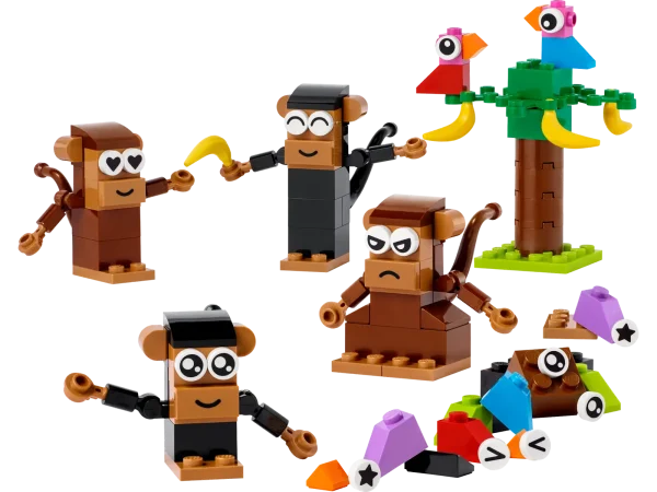 LEGO® Classic Creative Monkey Fun (11031) is bursting with build-and-play monkey mischief that introduces kids aged 5+ to the joys of creative construction. A jungle of fun for kids to explore Kids create 4 cute monkeys in a design of their choice using an assortment of bricks, new-for-2023 eye decorations and smile/frown tiles. With jointed, adjustable arms, grabbing hands and rotatable, gripping tails, the monkeys can get up to all kinds of imaginative fun – holding hands, hanging from the tree, stealing bananas, teasing birds – all while boosting kids’ fine motor skills and creative confidence. As well as a step-by-step, pictorial building guide, the LEGO Builder app includes a digital version of the set’s building instructions. Great for all the family LEGO Classic 5+ toys put ideas and inspiration into kids’ hands and provide a perfect opportunity for adults to share building fun and developmental milestones with their children. Jungle animal toy – LEGO® Classic Creative Monkey Fun (11031) is packed with hands-on play possibilities to engage, entertain and inspire kids aged 5 and up Lovable characters – Kids assemble 4 monkeys using an assortment of bricks, expressive eye decorations and smile/frown tiles. The set also includes 4 bananas, 2 buildable birds and a buildable tree Open-ended play – The monkeys’ jointed arms, grabbing hands and gripping tails inspire endless imaginative fun as the cheeky chimps holdhands, hang from the tree, steal bananas and tease the birds A gift for every occasion – The fun starts immediately and never ends with this birthday, holiday or any-day treat for kids aged 5+ Easy to pick up and play with – The tallest monkey in the set stands over 1 in. (5 cm) high Made for young builders – The easy-to-follow picture guide makes construction simple and fun, and the LEGO Builder app also includes a digital version of the set’s building instructions Bricks that build skills – LEGO® Classic sets put open-ended play and creative self-expression into the hands of young builders Quality guaranteed – LEGO® components meet stringent industry quality standards to ensure they are consistent, compatible and easy to build with Safety assured – LEGO® Classic bricks and pieces are dropped, heated, crushed, twisted and analyzed to make sure they satisfy rigorous global safety standards