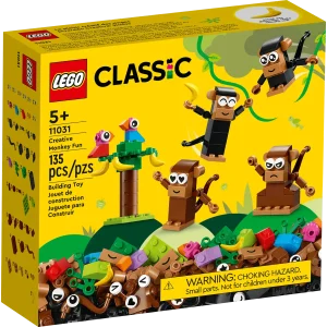 LEGO® Classic Creative Monkey Fun (11031) is bursting with build-and-play monkey mischief that introduces kids aged 5+ to the joys of creative construction. A jungle of fun for kids to explore Kids create 4 cute monkeys in a design of their choice using an assortment of bricks, new-for-2023 eye decorations and smile/frown tiles. With jointed, adjustable arms, grabbing hands and rotatable, gripping tails, the monkeys can get up to all kinds of imaginative fun – holding hands, hanging from the tree, stealing bananas, teasing birds – all while boosting kids’ fine motor skills and creative confidence. As well as a step-by-step, pictorial building guide, the LEGO Builder app includes a digital version of the set’s building instructions. Great for all the family LEGO Classic 5+ toys put ideas and inspiration into kids’ hands and provide a perfect opportunity for adults to share building fun and developmental milestones with their children. Jungle animal toy – LEGO® Classic Creative Monkey Fun (11031) is packed with hands-on play possibilities to engage, entertain and inspire kids aged 5 and up Lovable characters – Kids assemble 4 monkeys using an assortment of bricks, expressive eye decorations and smile/frown tiles. The set also includes 4 bananas, 2 buildable birds and a buildable tree Open-ended play – The monkeys’ jointed arms, grabbing hands and gripping tails inspire endless imaginative fun as the cheeky chimps holdhands, hang from the tree, steal bananas and tease the birds A gift for every occasion – The fun starts immediately and never ends with this birthday, holiday or any-day treat for kids aged 5+ Easy to pick up and play with – The tallest monkey in the set stands over 1 in. (5 cm) high Made for young builders – The easy-to-follow picture guide makes construction simple and fun, and the LEGO Builder app also includes a digital version of the set’s building instructions Bricks that build skills – LEGO® Classic sets put open-ended play and creative self-expression into the hands of young builders Quality guaranteed – LEGO® components meet stringent industry quality standards to ensure they are consistent, compatible and easy to build with Safety assured – LEGO® Classic bricks and pieces are dropped, heated, crushed, twisted and analyzed to make sure they satisfy rigorous global safety standards