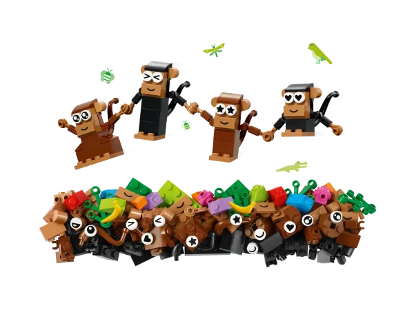 LEGO® Classic Creative Monkey Fun (11031) is bursting with build-and-play monkey mischief that introduces kids aged 5+ to the joys of creative construction. A jungle of fun for kids to explore Kids create 4 cute monkeys in a design of their choice using an assortment of bricks, new-for-2023 eye decorations and smile/frown tiles. With jointed, adjustable arms, grabbing hands and rotatable, gripping tails, the monkeys can get up to all kinds of imaginative fun – holding hands, hanging from the tree, stealing bananas, teasing birds – all while boosting kids’ fine motor skills and creative confidence. As well as a step-by-step, pictorial building guide, the LEGO Builder app includes a digital version of the set’s building instructions. Great for all the family LEGO Classic 5+ toys put ideas and inspiration into kids’ hands and provide a perfect opportunity for adults to share building fun and developmental milestones with their children. Jungle animal toy – LEGO® Classic Creative Monkey Fun (11031) is packed with hands-on play possibilities to engage, entertain and inspire kids aged 5 and up Lovable characters – Kids assemble 4 monkeys using an assortment of bricks, expressive eye decorations and smile/frown tiles. The set also includes 4 bananas, 2 buildable birds and a buildable tree Open-ended play – The monkeys’ jointed arms, grabbing hands and gripping tails inspire endless imaginative fun as the cheeky chimps holdhands, hang from the tree, steal bananas and tease the birds A gift for every occasion – The fun starts immediately and never ends with this birthday, holiday or any-day treat for kids aged 5+ Easy to pick up and play with – The tallest monkey in the set stands over 1 in. (5 cm) high Made for young builders – The easy-to-follow picture guide makes construction simple and fun, and the LEGO Builder app also includes a digital version of the set’s building instructions Bricks that build skills – LEGO® Classic sets put open-ended play and creative self-expression into the hands of young builders Quality guaranteed – LEGO® components meet stringent industry quality standards to ensure they are consistent, compatible and easy to build with Safety assured – LEGO® Classic bricks and pieces are dropped, heated, crushed, twisted and analyzed to make sure they satisfy rigorous global safety standards