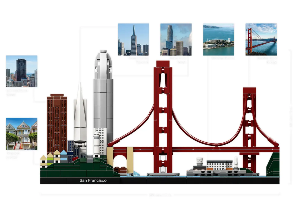 Recreate the magnificence of San Francisco’s architecture with this awesome 21043 LEGO® Architecture Skyline Collection model. This LEGO brick collectible features iconic San Francisco attractions and landmarks, including the city’s famous “painted ladies” buildings, 555 California Street, the Transamerica Pyramid, Salesforce Tower, Coit Tower, Fort Point, Golden Gate Bridge and Alcatraz Island. A blue-tiled baseplate representing the Golden Gate strait and a San Francisco nameplate add the finishing touch to this amazing model. LEGO Architecture Skyline Collection models are perfect for display in the home or office and have been developed for all with an interest in travel, architectural culture, history and design. Each skyline building set is scaled to give an accurate representation of the comparative size of the featured structures, with realistic color depiction. LEGO® Architecture interpretation of San Francisco. Features iconic San Francisco sights and famous landmarks, including the city’s famous “painted ladies” buildings, 555 California Street, the Transamerica Pyramid, Salesforce Tower, Coit Tower, Fort Point, Golden Gate Bridge and Alcatraz Island. Also features a blue-tiled baseplate depicting the Golden Gate strait. The included booklet contains information about the designer, architecture and history of each attraction, as well as historical facts about San Francisco and its architectural heritage. (English language only. Other languages available for download at LEGO.com/architecture.) Includes a 4x34 tiled base with a decorative San Francisco nameplate. Recreate the world's most vibrant cities with the LEGO® Architecture Skyline Collection. LEGO® Architecture sets celebrate the world of architecture through the medium of the LEGO brick, and are developed for all with an interest in travel, design, architecture and history. This set includes over 565 pieces. Measures over 6” (16cm) high, 11” (28cm) wide and 2” (7cm) deep.