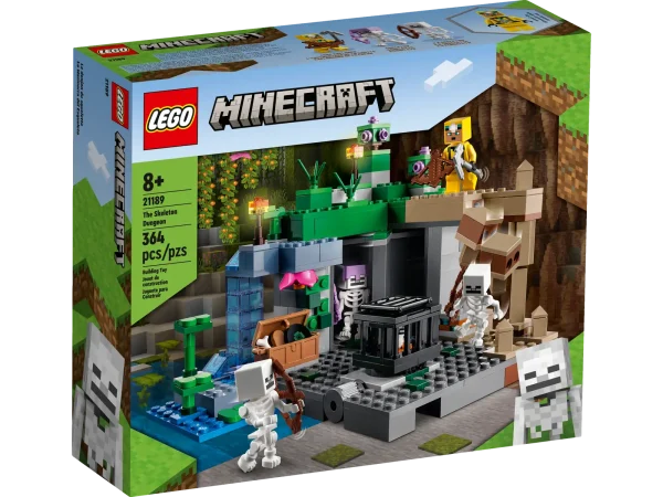 LEGO® Minecraft® The Skeleton Dungeon (21189) is an action-packed toy for Minecraft players aged 8 and up. Classic Minecraft adventures with LEGO creativity This versatile playset pits a cave explorer against hostile skeletons in a multi-biome environment comprising a dripstone cave with stalagmites and stalactites; a lush cave with bushes, vines, water, clay and torches; and the skeletons’ dungeon, which includes a spinning skeleton spawner. Hands-on action includes pushing a stalagmite tomake rocks crash down onto the hostile mobs and rotating a wall to reveal a third skeleton. Weapons include a crossbow and pickaxe, and there’s also a chest containing a music record, bread and a bone. There’s everything a Minecraft player needs to enjoy endless creative adventures! Action-packed set for Minecraft® players – With classic details, hands-on features and multiple biomes, LEGO® Minecraft The Skeleton Dungeon (21189) has everything kids need for endless adventures Iconic features – Includes the cave explorer, 3 skeletons and 3 biomes: a dripstone cave with a rock-fall function; a lush cave with bushes, clay and torches; and a dungeon with a skeleton spawner Many ways to play – Kids can build, explore, battle and operate fun features as they embark on endless Minecraft® adventures, then rebuild the set for even more creative play Gift for kids – Give Minecraft® players aged 8 and up a birthday, holiday or any-day treat with this hands-on version of the video game Reconfigurable fun – Measuring over 5.5 in. (14 cm) high, 7.5 in. (19 cm) wide and 5.5 in. (14 cm) deep, this versatile set is packed with play possibilities Minecraft® made real – LEGO® Minecraft sets give kids a different way to enjoy the video game, with mobs, scenes and features brought to life with the hands-on creativity of LEGO bricks Quality guaranteed – LEGO® components fulfill stringent industry quality standards to ensure they are consistent, compatible and connect and pull apart perfectly every time Safety assured – LEGO® components are dropped, heated, crushed, twisted and analyzed to make sure they satisfy rigorous global safety standards