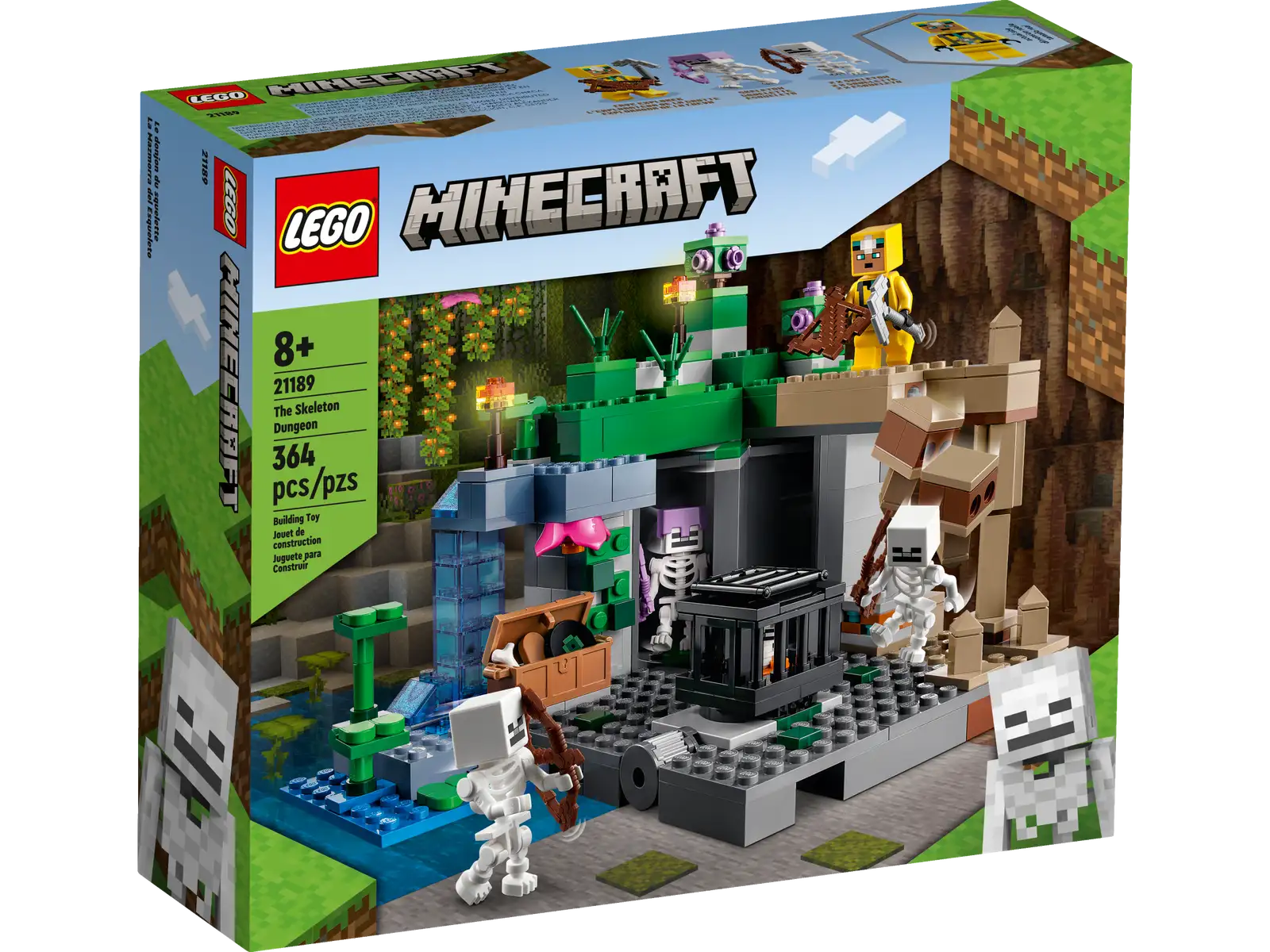 LEGO® Minecraft® The Skeleton Dungeon (21189) is an action-packed toy for Minecraft players aged 8 and up. Classic Minecraft adventures with LEGO creativity This versatile playset pits a cave explorer against hostile skeletons in a multi-biome environment comprising a dripstone cave with stalagmites and stalactites; a lush cave with bushes, vines, water, clay and torches; and the skeletons’ dungeon, which includes a spinning skeleton spawner. Hands-on action includes pushing a stalagmite tomake rocks crash down onto the hostile mobs and rotating a wall to reveal a third skeleton. Weapons include a crossbow and pickaxe, and there’s also a chest containing a music record, bread and a bone. There’s everything a Minecraft player needs to enjoy endless creative adventures! Action-packed set for Minecraft® players – With classic details, hands-on features and multiple biomes, LEGO® Minecraft The Skeleton Dungeon (21189) has everything kids need for endless adventures Iconic features – Includes the cave explorer, 3 skeletons and 3 biomes: a dripstone cave with a rock-fall function; a lush cave with bushes, clay and torches; and a dungeon with a skeleton spawner Many ways to play – Kids can build, explore, battle and operate fun features as they embark on endless Minecraft® adventures, then rebuild the set for even more creative play Gift for kids – Give Minecraft® players aged 8 and up a birthday, holiday or any-day treat with this hands-on version of the video game Reconfigurable fun – Measuring over 5.5 in. (14 cm) high, 7.5 in. (19 cm) wide and 5.5 in. (14 cm) deep, this versatile set is packed with play possibilities Minecraft® made real – LEGO® Minecraft sets give kids a different way to enjoy the video game, with mobs, scenes and features brought to life with the hands-on creativity of LEGO bricks Quality guaranteed – LEGO® components fulfill stringent industry quality standards to ensure they are consistent, compatible and connect and pull apart perfectly every time Safety assured – LEGO® components are dropped, heated, crushed, twisted and analyzed to make sure they satisfy rigorous global safety standards