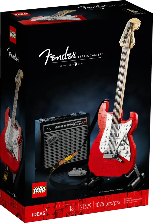 Create your own brick-built 1970s Fender® Stratocaster™ guitar and 65 Princeton® Reverb amplifier with this LEGO® Ideas set (21329). Recall the legendary musicians who have played a Stratocaster® as you recreate its iconic curves and add authentic details such as the posable whammy bar, pickup switch and tuning pegs. The buildable amp has removable panels for easy viewing of the motherboard, reverb tank, speaker and other interior details, plus rubber cables to connect it to the guitar and footswitch. Striking centerpiece This set includes bricks to build the guitar in either red or black, guitar picks in 4 colors and an elegant, foldable stand for the guitar model to complete a delightful display piece. There is also a sticker with the Fender logo made from LEGO bricks for you to attach to your real guitar or amp. Cool collectible This building kit is part of a collection of LEGO sets for adults. It’s a top gift idea for guitar players, Fender fans, music lovers and keen LEGO builders. Recreate a legendary guitar with this wonderfully detailed LEGO® Ideas build-and-display model (21329) of a 1970s Fender® Stratocaster® guitar and a buildable Fender 65 Princeton® Reverb amplifier. The guitar features a posable whammy bar, pickup switch and tuning pegs, six strings, Fender® logo stickers, and a textile strap. The bricks included let you build the guitar in red or black. The amplifier has removable panels for easy viewing of the motherboard, reverb tank, speaker and other interior details, logo stickers, plus connecting rubber cables for the guitar and footswitch. Includes a foldable display stand for the guitar, model-scale guitar picks in 4 colors, plus a sticker of the Fender® logo built from LEGO® bricks to put on your real guitar, amp or wherever you want. Guitar measures over 14 in. (36 cm) long, 4 in. (11 cm) wide and 1 in. (3 cm) deep. This LEGO® display model makes a cool gift for guitar players, music lovers and Fender® Stratocaster® guitar fans. Fun to build solo or with friends and family to share your love of this iconic guitar, music and/or building with LEGO® bricks. This 1,079-piece set comes with a booklet about the history of the Fender® Stratocaster® guitar, the set’s fan designer and LEGO® designers, plus step-by-step instructions for a joyful build. This cool building set was entered in the LEGO® Ideas ‘Music to our Ears’ contest by a fan designer and chosen from the top 9 entries to become the next LEGO Ideas set by the LEGO Ideas review board. LEGO® components meet stringent industry standards to ensure simple, secure connections and robust builds. It’s been that way since 1958. LEGO® building bricks and pieces are tested in almost every way imaginable to ensure that every LEGO set satisfies rigorous global safety standards.