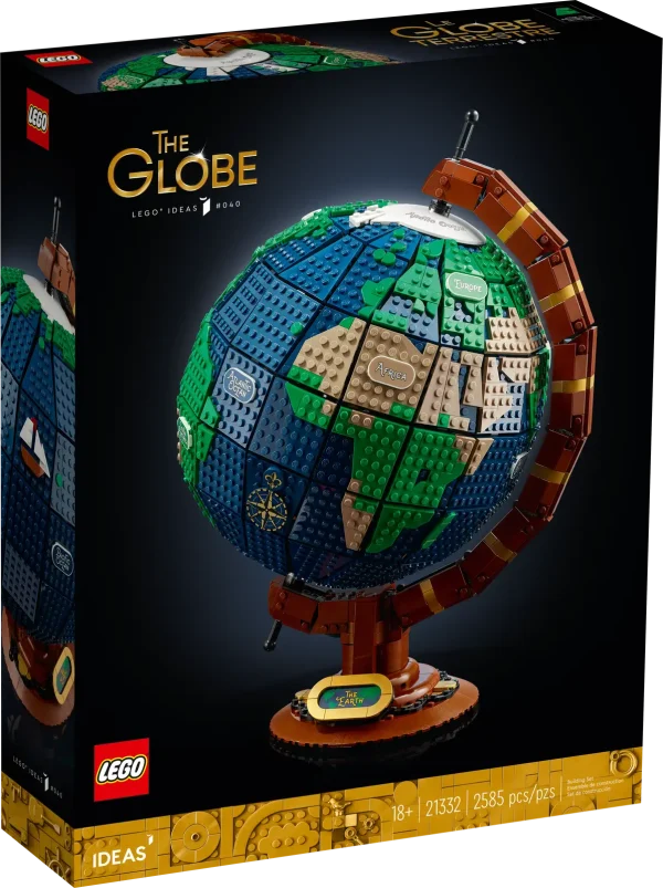 Where do you want to go today? Dream of your next travel destination as you build The Globe (21332). Created by a fan-designer and brought to the world by the LEGO® Ideas team, this display model recreates the spinning movement of a vintage Earth globe with the help of LEGO Technic™ elements and features glow-in-the-dark tiles decorated with the names of continents and oceans. There are buildable ship and compass icons, plus ‘The Earth’ nameplate to complete a charming centerpiece to enhance the decor of any home or office. Travel without moving A journey of 2,585 pieces starts with a single brick, and illustrated instructions are included to guide every step of your building adventure. This collectible model makes the best gift for yourself or travel-loving friends. Unplug, unbox and unwind Welcome to LEGO sets for adults – a zone of zen for focused, hands-on creative building. From the wonders of the world to movie magic, pop culture icons and more, there is a LEGO set waiting for you. Spinning Earth globe model for display – Explore the world as you build this The Globe (21332) set, a detailed LEGO® Ideas replica of a vintage Earth globe Authentic spinning movement – Two LEGO® worlds collide to build this globe, with LEGO Technic™ elements to recreate the classic, spinning axis and LEGO System bricks to replicate the spherical shape Glow-in-the-dark decoration – Light up the room with decorated tiles displaying the names of continents and oceans Buildable ship and compass icons – Build vintage-style ship and compass icons to attach to the globe, and affix ‘The Earth’ nameplate to the base for a finishing touch Gift idea for adults – Treat yourself or give this 2,585-piece LEGO® Earth globe model as a birthday, holiday or surprise gift for someone passionate about travel, geography, arts or decoration Buildable home or office decor – This display piece measures over 16 in. (40 cm) high, 11.5 in. (30 cm) wide and 10 in. (26 cm) deep Step-by-step guide – Includes an illustrated booklet featuring the set’s fan designer and LEGO® designers, plus illustrated instructions to guide your hands-on, mind-on building experience The LEGO® fans’ choice – This construction model for adults is one of many LEGO Ideas sets, each created by a fan designer, voted for by LEGO fans and produced by the LEGO Group Premium quality, no compromises – Since 1958, LEGO® bricks have met strict industry quality standards to ensure that they connect simply and securely Safety assurance – LEGO® components are dropped, heated, crushed, twisted and carefully analyzed to make sure that they meet rigorous global safety standards