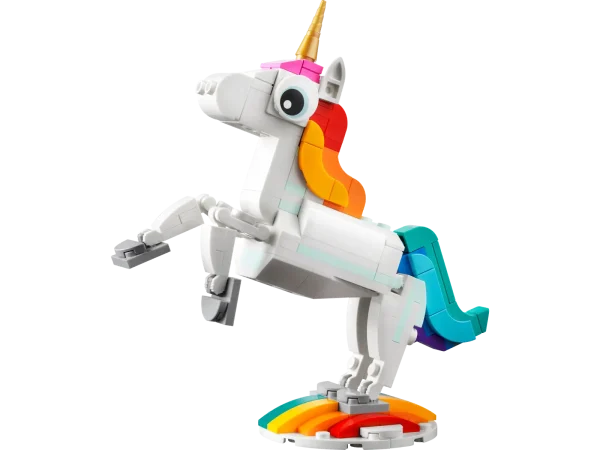 Imaginative kids aged 7+ can be transported to a mythical land for enthralling action with this 3in1 Magical Unicorn (31140) building set. It features a unicorn toy with a golden horn, colorful tail, and posable legs and hooves. It can be presented in 2 different positions: standing on 4 legs or reared up on its 2 hind legs for an iconic pose and displayed on the set’s rainbow stand. Build colorful animals from LEGO® bricks The mythical action never stops with 3 different magical creatures for little builders to assemble in this LEGO Creator 3in1 set. They can build a posable Magical Unicorn, rebuild it into a posable seahorse toy with a seabed stand, turn it into a posable magical peacock with a colorful tail, or even use the bricks to create another enchanting creature. LEGO Builder app Download the LEGO Builder app and step into a new world of building fun where kids can zoom in and rotate models in 3D, save sets and track their progress. 3 magical creatures in 1 set – Little builders can build and rebuild 3 different colorful models with this LEGO® Creator 3in1 Magical Unicorn (31140) playset Long-lasting play value – Kids can enjoy fun stories with 3 different scenes in a mythical land: trot across a rainbow with a Magical Unicorn, swim with a seahorse or play with a peacock Posable models – Each of the 3 creatures has posable body parts: the unicorn can move its legs and hooves; the seahorse moves its tail, fins and head; and the peacock has a movable tail and eyes Play and display – All 3 of these durable magical animals can be easily displayed: the unicorn on a rainbow stand, the seahorse toy on a seabed stand, and the toy peacock on its 2 legs A fun build – This 145-piece playset gives kids aged 7+ an enjoyable building task before the imaginative play begins and can be given as an unexpected treat, birthday present or holiday gift Play on the go – Standing over 5 in. (13 cm) tall, the Magical Unicorn can be played with at home by kids or popped in a bag and taken with them on their travels More 3in1 fun – Look out for other LEGO® Creator 3in1 playsets, including Vintage Motorcycle (31135), Exotic Parrot (31136) and Beach Camper Van (31138) A helping hand – Discover intuitive building instructions in the LEGO® Builder app where kids can zoom in and rotate models in 3D, track progress and save sets as they develop new skills Premium quality – For more than 6 decades, LEGO® bricks have been made to ensure they pull apart consistently every time Safety assurance – LEGO® building bricks meet stringent global safety standards