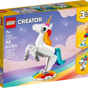 Imaginative kids aged 7+ can be transported to a mythical land for enthralling action with this 3in1 Magical Unicorn (31140) building set. It features a unicorn toy with a golden horn, colorful tail, and posable legs and hooves. It can be presented in 2 different positions: standing on 4 legs or reared up on its 2 hind legs for an iconic pose and displayed on the set’s rainbow stand. Build colorful animals from LEGO® bricks The mythical action never stops with 3 different magical creatures for little builders to assemble in this LEGO Creator 3in1 set. They can build a posable Magical Unicorn, rebuild it into a posable seahorse toy with a seabed stand, turn it into a posable magical peacock with a colorful tail, or even use the bricks to create another enchanting creature. LEGO Builder app Download the LEGO Builder app and step into a new world of building fun where kids can zoom in and rotate models in 3D, save sets and track their progress. 3 magical creatures in 1 set – Little builders can build and rebuild 3 different colorful models with this LEGO® Creator 3in1 Magical Unicorn (31140) playset Long-lasting play value – Kids can enjoy fun stories with 3 different scenes in a mythical land: trot across a rainbow with a Magical Unicorn, swim with a seahorse or play with a peacock Posable models – Each of the 3 creatures has posable body parts: the unicorn can move its legs and hooves; the seahorse moves its tail, fins and head; and the peacock has a movable tail and eyes Play and display – All 3 of these durable magical animals can be easily displayed: the unicorn on a rainbow stand, the seahorse toy on a seabed stand, and the toy peacock on its 2 legs A fun build – This 145-piece playset gives kids aged 7+ an enjoyable building task before the imaginative play begins and can be given as an unexpected treat, birthday present or holiday gift Play on the go – Standing over 5 in. (13 cm) tall, the Magical Unicorn can be played with at home by kids or popped in a bag and taken with them on their travels More 3in1 fun – Look out for other LEGO® Creator 3in1 playsets, including Vintage Motorcycle (31135), Exotic Parrot (31136) and Beach Camper Van (31138) A helping hand – Discover intuitive building instructions in the LEGO® Builder app where kids can zoom in and rotate models in 3D, track progress and save sets as they develop new skills Premium quality – For more than 6 decades, LEGO® bricks have been made to ensure they pull apart consistently every time Safety assurance – LEGO® building bricks meet stringent global safety standards