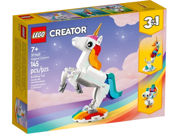 Imaginative kids aged 7+ can be transported to a mythical land for enthralling action with this 3in1 Magical Unicorn (31140) building set. It features a unicorn toy with a golden horn, colorful tail, and posable legs and hooves. It can be presented in 2 different positions: standing on 4 legs or reared up on its 2 hind legs for an iconic pose and displayed on the set’s rainbow stand. Build colorful animals from LEGO® bricks The mythical action never stops with 3 different magical creatures for little builders to assemble in this LEGO Creator 3in1 set. They can build a posable Magical Unicorn, rebuild it into a posable seahorse toy with a seabed stand, turn it into a posable magical peacock with a colorful tail, or even use the bricks to create another enchanting creature. LEGO Builder app Download the LEGO Builder app and step into a new world of building fun where kids can zoom in and rotate models in 3D, save sets and track their progress. 3 magical creatures in 1 set – Little builders can build and rebuild 3 different colorful models with this LEGO® Creator 3in1 Magical Unicorn (31140) playset Long-lasting play value – Kids can enjoy fun stories with 3 different scenes in a mythical land: trot across a rainbow with a Magical Unicorn, swim with a seahorse or play with a peacock Posable models – Each of the 3 creatures has posable body parts: the unicorn can move its legs and hooves; the seahorse moves its tail, fins and head; and the peacock has a movable tail and eyes Play and display – All 3 of these durable magical animals can be easily displayed: the unicorn on a rainbow stand, the seahorse toy on a seabed stand, and the toy peacock on its 2 legs A fun build – This 145-piece playset gives kids aged 7+ an enjoyable building task before the imaginative play begins and can be given as an unexpected treat, birthday present or holiday gift Play on the go – Standing over 5 in. (13 cm) tall, the Magical Unicorn can be played with at home by kids or popped in a bag and taken with them on their travels More 3in1 fun – Look out for other LEGO® Creator 3in1 playsets, including Vintage Motorcycle (31135), Exotic Parrot (31136) and Beach Camper Van (31138) A helping hand – Discover intuitive building instructions in the LEGO® Builder app where kids can zoom in and rotate models in 3D, track progress and save sets as they develop new skills Premium quality – For more than 6 decades, LEGO® bricks have been made to ensure they pull apart consistently every time Safety assurance – LEGO® building bricks meet stringent global safety standards