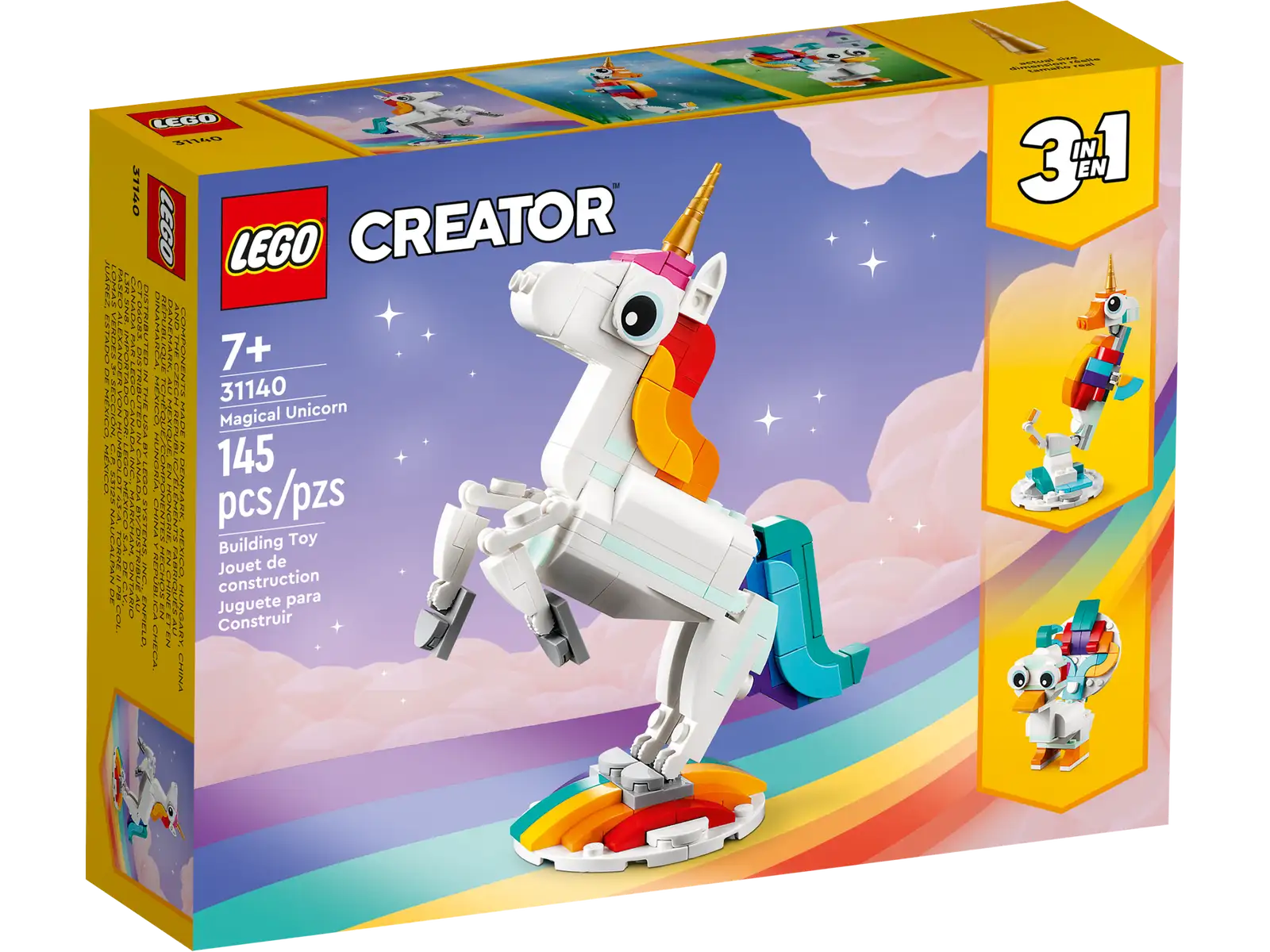 Imaginative kids aged 7+ can be transported to a mythical land for enthralling action with this 3in1 Magical Unicorn (31140) building set. It features a unicorn toy with a golden horn, colorful tail, and posable legs and hooves. It can be presented in 2 different positions: standing on 4 legs or reared up on its 2 hind legs for an iconic pose and displayed on the set’s rainbow stand. Build colorful animals from LEGO® bricks The mythical action never stops with 3 different magical creatures for little builders to assemble in this LEGO Creator 3in1 set. They can build a posable Magical Unicorn, rebuild it into a posable seahorse toy with a seabed stand, turn it into a posable magical peacock with a colorful tail, or even use the bricks to create another enchanting creature. LEGO Builder app Download the LEGO Builder app and step into a new world of building fun where kids can zoom in and rotate models in 3D, save sets and track their progress. 3 magical creatures in 1 set – Little builders can build and rebuild 3 different colorful models with this LEGO® Creator 3in1 Magical Unicorn (31140) playset Long-lasting play value – Kids can enjoy fun stories with 3 different scenes in a mythical land: trot across a rainbow with a Magical Unicorn, swim with a seahorse or play with a peacock Posable models – Each of the 3 creatures has posable body parts: the unicorn can move its legs and hooves; the seahorse moves its tail, fins and head; and the peacock has a movable tail and eyes Play and display – All 3 of these durable magical animals can be easily displayed: the unicorn on a rainbow stand, the seahorse toy on a seabed stand, and the toy peacock on its 2 legs A fun build – This 145-piece playset gives kids aged 7+ an enjoyable building task before the imaginative play begins and can be given as an unexpected treat, birthday present or holiday gift Play on the go – Standing over 5 in. (13 cm) tall, the Magical Unicorn can be played with at home by kids or popped in a bag and taken with them on their travels More 3in1 fun – Look out for other LEGO® Creator 3in1 playsets, including Vintage Motorcycle (31135), Exotic Parrot (31136) and Beach Camper Van (31138) A helping hand – Discover intuitive building instructions in the LEGO® Builder app where kids can zoom in and rotate models in 3D, track progress and save sets as they develop new skills Premium quality – For more than 6 decades, LEGO® bricks have been made to ensure they pull apart consistently every time Safety assurance – LEGO® building bricks meet stringent global safety standards