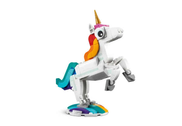 Imaginative kids aged 7+ can be transported to a mythical land for enthralling action with this 3in1 Magical Unicorn (31140) building set. It features a unicorn toy with a golden horn, colorful tail, and posable legs and hooves. It can be presented in 2 different positions: standing on 4 legs or reared up on its 2 hind legs for an iconic pose and displayed on the set’s rainbow stand. Build colorful animals from LEGO® bricks The mythical action never stops with 3 different magical creatures for little builders to assemble in this LEGO Creator 3in1 set. They can build a posable Magical Unicorn, rebuild it into a posable seahorse toy with a seabed stand, turn it into a posable magical peacock with a colorful tail, or even use the bricks to create another enchanting creature. LEGO Builder app Download the LEGO Builder app and step into a new world of building fun where kids can zoom in and rotate models in 3D, save sets and track their progress. 3 magical creatures in 1 set – Little builders can build and rebuild 3 different colorful models with this LEGO® Creator 3in1 Magical Unicorn (31140) playset Long-lasting play value – Kids can enjoy fun stories with 3 different scenes in a mythical land: trot across a rainbow with a Magical Unicorn, swim with a seahorse or play with a peacock Posable models – Each of the 3 creatures has posable body parts: the unicorn can move its legs and hooves; the seahorse moves its tail, fins and head; and the peacock has a movable tail and eyes Play and display – All 3 of these durable magical animals can be easily displayed: the unicorn on a rainbow stand, the seahorse toy on a seabed stand, and the toy peacock on its 2 legs A fun build – This 145-piece playset gives kids aged 7+ an enjoyable building task before the imaginative play begins and can be given as an unexpected treat, birthday present or holiday gift Play on the go – Standing over 5 in. (13 cm) tall, the Magical Unicorn can be played with at home by kids or popped in a bag and taken with them on their travels More 3in1 fun – Look out for other LEGO® Creator 3in1 playsets, including Vintage Motorcycle (31135), Exotic Parrot (31136) and Beach Camper Van (31138) A helping hand – Discover intuitive building instructions in the LEGO® Builder app where kids can zoom in and rotate models in 3D, track progress and save sets as they develop new skills Premium quality – For more than 6 decades, LEGO® bricks have been made to ensure they pull apart consistently every time Safety assurance – LEGO® building bricks meet stringent global safety standards