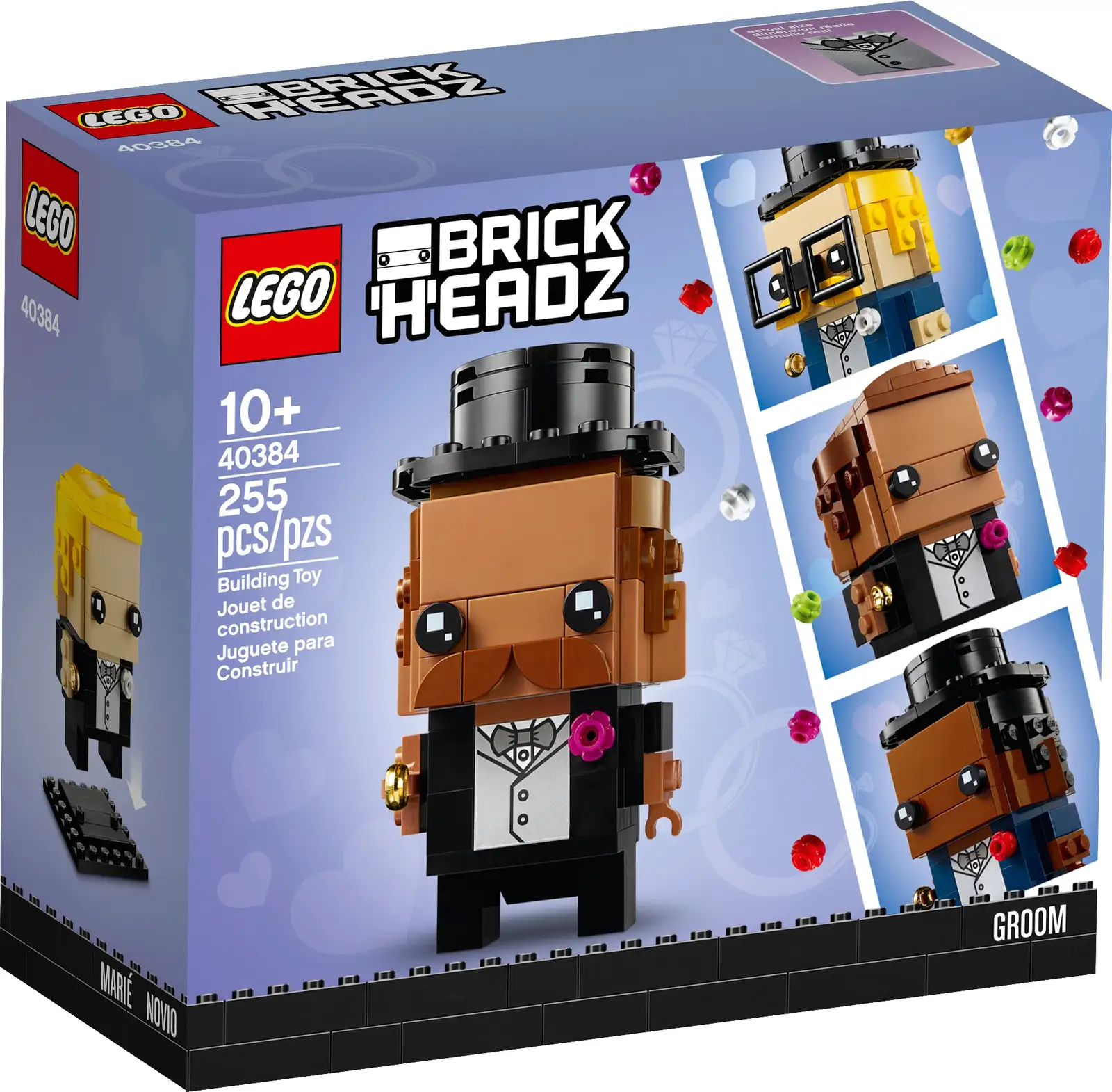 Celebrate a friend’s, family member’s or your own upcoming marriage with a LEGO® BrickHeadz™ Wedding Groom (40384) building kit. The fun model comes with a pair of glasses, hat, suit decorations, a ring and other optional pieces to personalize the facial expression, hair and skin color. With at least 11 possible looks, there's plenty of creative construction to enjoy before the big day! This collectible LEGO® BrickHeadz™ buildable model of a smartly dressed gentleman with customizable facial expression, hair and skin color makes a great gift for a groom on or before his wedding day. Simple and fun to build, the set is suitable for anyone aged 10 and up. With 255 pieces and standing more than 3” (8cm) tall, this buildable Wedding Groom looks great combined with the corresponding LEGO® BrickHeadz™ Wedding Bride (40383) or in pairs!