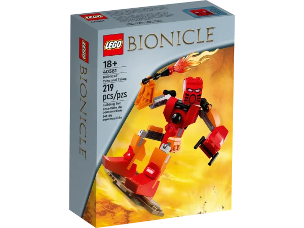 In 2001, The LEGO Group introduced a new theme that would become a sensation: BIONICLE®. This story of mighty heroes with elemental powers took the world by storm, inspiring comics, novels, and movies. Now two of the theme’s most popular characters return with this LEGO® Icons BIONICLE Tahu and Takua (40581) set. The articulated action figures come with a fire sword and a disc-thrower accessory. The set also includes a lava display stand, so you can pay tribute to BIONICLE in your home or office. Get reacquainted with heroes – Tahu and Takua are articulated action figures of iconic heroes from the LEGO® BIONICLE® theme, complete with a fire sword and a disc thrower Watch them surf on lava – The set includes a lava display stand, allowing the duo to surf on the rivers of molten lava that flow from the Mangai volcano Dimensions – This product measures over 5 in. (13 cm) high and 2 in. (6 cm) wide