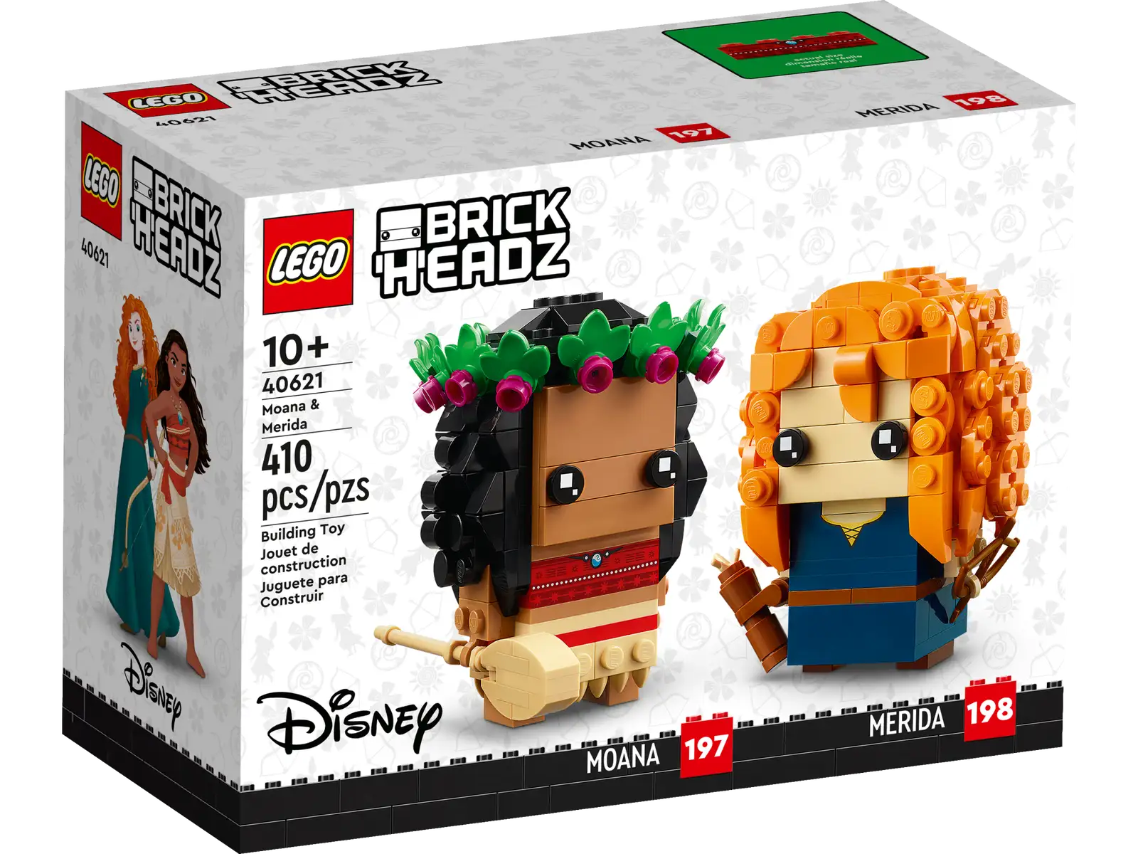 Inspire kids aged 10 and up with this BrickHeadz™ set featuring Disney’s Moana and Disney•Pixar’s Merida (40621) buildable LEGO® figures. Movie fans can build the detailed models, then set them on individual baseplates and display them anywhere at home or in the office. The set consists of 410 pieces to create the 2 LEGO figures. Moana’s skirt is decorated like in the movie. The set makes a fun birthday or holiday gift and collectible display piece for kids or fans of the movies. Bold, brick-built characters – Buildable LEGO® BrickHeadz™ figures of Disney’s Moana and Disney Pixar’s Merida (40621). A fun gift for a movie fan or an older kid who loves meaningful role models Adventurous display – This collectible 410-piece LEGO® BrickHeadz™ building toy kit for kids aged 10 and up comes with step-by-step building instructions and includes baseplates for display Measurements – Moana and Merida both stand over 3 in. (8 cm) high