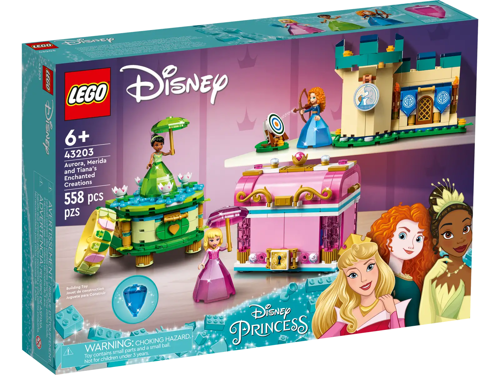 Open play possibilities await kids aged 6+ within this LEGO® ǀ Disney Aurora, Merida and Tiana’s Enchanted Creations (43203) set, including 3 buildable toys with extra functions, a LEGO DOTS bracelet with tiles, and 3 mini-doll figures with special ‘diamond’ dresses. Interactive digital building instructions to make building extra fun are available in the free LEGO Building Instructions app, with intuitive tools to help kids visualize the model. Learn and play The builds grow children’s confidence and spark imagination and creativity as they replay movie-based scenes or devise their own, then use the builds to hold jewelry, pencils or other treasures. The set is great on its own or can be combined with other LEGO ǀ Disney sets (sold separately) for extended play. Well-known characters and scenes This fun set gets kids playing quickly with Disney’s Aurora and Tiana, plus Disney and Pixar’s Merida, mini-doll figures, and will be a gift that everyone will admire during and after playtime. Endless princess play – Give any child a gift to wow the playground with this LEGO® ǀ Disney Aurora, Merida and Tiana’s Enchanted Creations 43203 set. The fun starts with building and doesn’t stop What’s in the set? – This 558-piece set includes buildable items with functions for each princess, a transforming ‘diamond’ dress designed to store a mini-doll figure inside and lots of story starters Well-known characters – Featuring Disney’s Aurora and Tiana, plus Disney and Pixar’s Merida, this set can be combined with other Disney sets (sold separately) or used for open-ended play on its own Inventive gift for ages 6+ – Kids will love this set full of creative possibilities, inspired by 3 beloved Disney movies, making it a fun gift for kids wanting to join the hottest trends Extended experience – With Merida’s castle measuring over 3.5 in. (9 cm) high, 5.5 in. (14 cm) wide and 3.5 in. (9 cm) deep, this set is easy for kids to take out for playdates, over and over Interactive digital building – Using the LEGO® Building Instructions app, builders can zoom, rotate and visualize a digital version of their model as they build Collectible fun – The LEGO® ǀ Disney Diamond Dress Assortment offers kids and fans a range of sets, with 5 different princesses and their ‘diamond’ dresses spread across the collection Important life skills – With detailed mini-doll figures and usable builds, this Disney Princess buildable set encourages open creative play that helps build important life skills through fun Uncompromising quality – Ever since 1958, LEGO® components have met stringent industry standards to ensure they connect consistently Safety first – LEGO® components are dropped, heated, crushed, twisted and analyzed to make sure they meet rigorous global safety standards