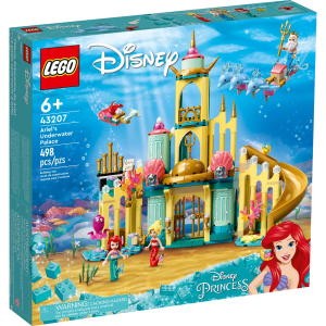 Adventures beneath the sea await Disney's The Little Mermaid fans aged 6 and up in this LEGO® ǀ Disney Ariel's Underwater Palace (43207) set, featuring a buildable toy palace, 3 mini-doll figures and 6 LEGO animal figures, plus interactive digital building instructions to help make construction extra fun. Available in the free LEGO Building Instructions app, the intuitive tools help kids visualize the model as they build. Hands-on play, learning and growth This detailed Disney palace set ispacked with features and accessories to spark imagination and creativity while kids role-play and relive favorite movie scenes or create their own. This set encourages both solo and group play, with the different ages of the characters letting kids act out stories as a family. Iconic characters This set gets kids playing fast with Disney's Ariel, Arista and King Triton mini-doll figures, plus Sebastian, Flounder and 4 dolphin LEGO figures, and makes an impressive gift for any Disney Princess fan. Creative play – Give any Disney fan a gift full of features, functions and accessories to inspire imaginative role play with this fun LEGO® ǀ Disney Ariel's Underwater Palace (43207) set What's in the box? – This 498-piece set features a palace with a slide, movable furniture and large and small dolphin chariots, plus plenty of accessories to spark extended play sessions Iconic characters – Featuring Disney's Ariel, Arista and King Triton mini-doll figures, plus Sebastian and Flounder LEGO® figures, this set is designed for endless imaginative adventures Fun gift for ages 6+ – Kids will love this high-quality set full of hands-on play possibilities. Based on a beloved Disney movie, this buildable toy kit will really impress a Disney Princess fan Details to spark play – With the palace measuring over 11 in. (28 cm) high, 12.5 in. (31 cm) wide and 5 in. (12 cm) deep, this set is designed for extended play sessions and looks great on display Interactive digital building – Using the LEGO® Building Instructions app, builders can zoom, rotate and visualize a digital version of their model as they build Important life skills – With detailed mini-doll figures and a recognizable build, this Disney Princess construction set encourages open creative play that helps build vital life skills through fun Uncompromising quality – Ever since 1958, LEGO® components have met stringent industry standards to ensure they connect consistently Safety first – LEGO® components are dropped, heated, crushed, twisted and analyzed to make sure they meet rigorous global safety standards