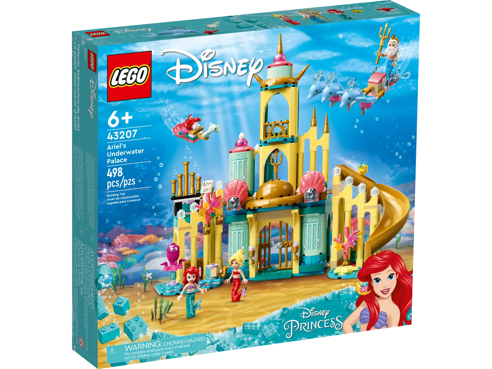 Adventures beneath the sea await Disney's The Little Mermaid fans aged 6 and up in this LEGO® ǀ Disney Ariel's Underwater Palace (43207) set, featuring a buildable toy palace, 3 mini-doll figures and 6 LEGO animal figures, plus interactive digital building instructions to help make construction extra fun. Available in the free LEGO Building Instructions app, the intuitive tools help kids visualize the model as they build. Hands-on play, learning and growth This detailed Disney palace set ispacked with features and accessories to spark imagination and creativity while kids role-play and relive favorite movie scenes or create their own. This set encourages both solo and group play, with the different ages of the characters letting kids act out stories as a family. Iconic characters This set gets kids playing fast with Disney's Ariel, Arista and King Triton mini-doll figures, plus Sebastian, Flounder and 4 dolphin LEGO figures, and makes an impressive gift for any Disney Princess fan. Creative play – Give any Disney fan a gift full of features, functions and accessories to inspire imaginative role play with this fun LEGO® ǀ Disney Ariel's Underwater Palace (43207) set What's in the box? – This 498-piece set features a palace with a slide, movable furniture and large and small dolphin chariots, plus plenty of accessories to spark extended play sessions Iconic characters – Featuring Disney's Ariel, Arista and King Triton mini-doll figures, plus Sebastian and Flounder LEGO® figures, this set is designed for endless imaginative adventures Fun gift for ages 6+ – Kids will love this high-quality set full of hands-on play possibilities. Based on a beloved Disney movie, this buildable toy kit will really impress a Disney Princess fan Details to spark play – With the palace measuring over 11 in. (28 cm) high, 12.5 in. (31 cm) wide and 5 in. (12 cm) deep, this set is designed for extended play sessions and looks great on display Interactive digital building – Using the LEGO® Building Instructions app, builders can zoom, rotate and visualize a digital version of their model as they build Important life skills – With detailed mini-doll figures and a recognizable build, this Disney Princess construction set encourages open creative play that helps build vital life skills through fun Uncompromising quality – Ever since 1958, LEGO® components have met stringent industry standards to ensure they connect consistently Safety first – LEGO® components are dropped, heated, crushed, twisted and analyzed to make sure they meet rigorous global safety standards