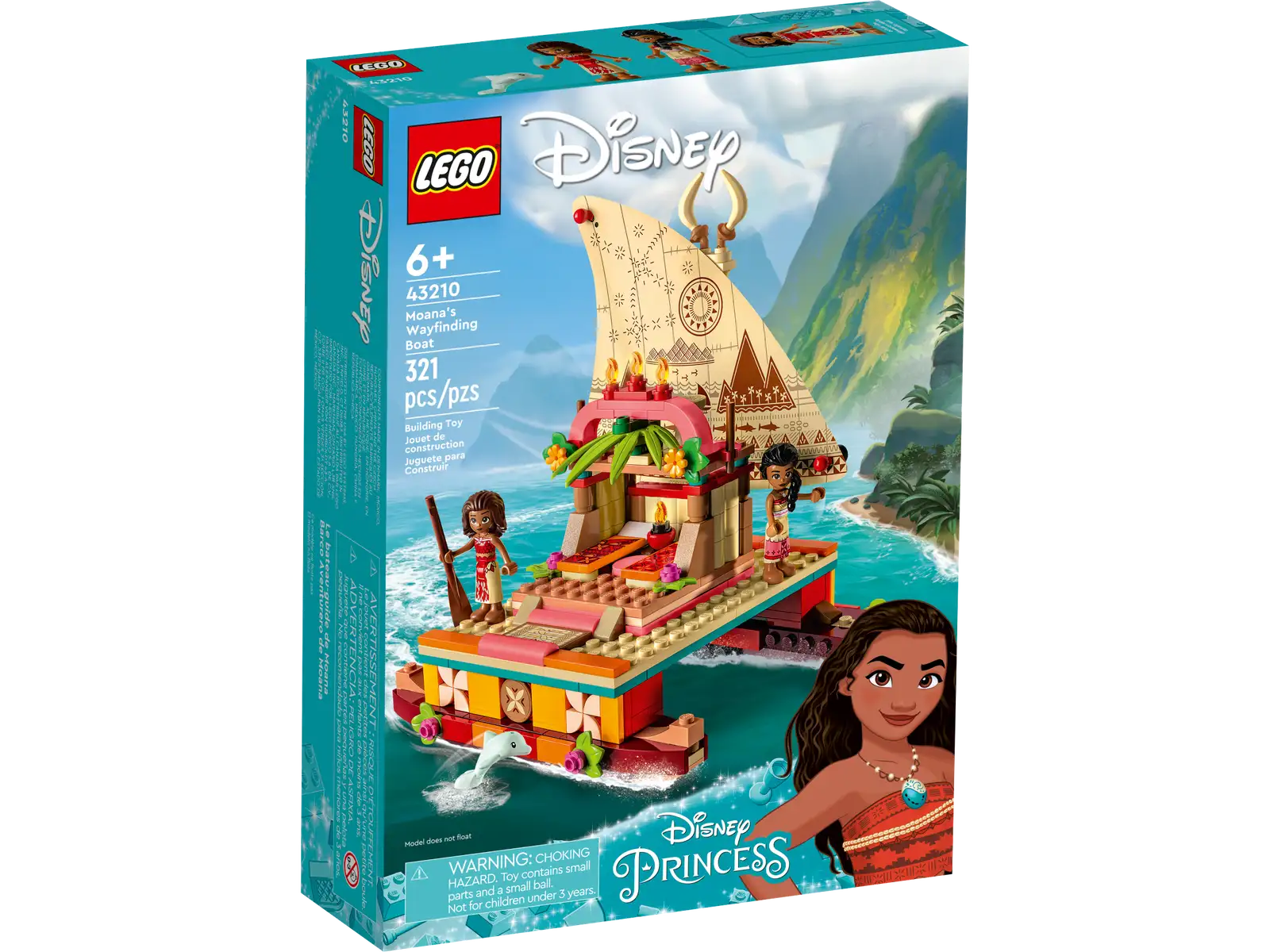 Adventure awaits any child aged 6+ or fan of Disney’s Moana with this imaginative LEGO® ǀ Disney Moana’s Wayfinding Boat (43210) set. The kit features a double-hulled boat with a removable shelter and printed sail, storage space, 2 LEGO mini-doll figures, a LEGO dolphin figure and decorative elements. Let the LEGO Builder app guide kids on an intuitive building adventure, allowing them to zoom in and rotate models in 3D, save sets and track their progress. Hands-on play This detailed set ispacked with features and accessories to boost the fun as kids role-play and relive movie scenes or create their own. The boat incorporates action and house play, while helping to inspire children’s creativity skills. It can be played with independently or added to other LEGO ǀ Disney sets (sold separately). Fun characters This set gets kids playing fast with Moana and Sina LEGO mini-doll figures, plus a LEGO dolphin figure, and makes a fun and inspiring gift for any Disney fan. Open-ended play – Give a boat-loving Disney’s Moana fan aged 6+ a gift full of details to inspire their imagination with this LEGO® ǀ Disney Moana’s Wayfinding Boat (43210) set Creative fun – This set includes a double-hulled boat with a sail, a large deck with a shelter and 2 cots, 2 mini-doll figures, a LEGO® animal figure and lots of decorative, play-inspiring accessories Beloved characters – Featuring Disney’s Moana and Sina LEGO® mini-doll figures, the set is designed to inspire unlimited adventures and exploration with family or friends Birthday gift for ages 6+ – Disney fans will enjoy this set full of possibilities, with an iconic boat from a Disney Animation Studio Film. It’s a treat for any child with a passion for adventure Creative play – With the boat measuring over 6 in. (17 cm) high, 7 in (19 cm) long and 5 in. (14 cm) wide, this set lets kids use their creativity and imaginations to enjoy endless play A helping hand – Discover intuitive instructions inthe LEGO® Builder app where builders can zoom in and rotate models in 3D, track their progress and save sets as they develop new skills Important life skills – With detailed LEGO® mini-doll figures and a recognizable build, this Disney construction set encourages open creative play that helps build life skills through fun Uncompromising quality – Ever since 1958, LEGO® components have met stringent industry standards to ensure they connect consistently Safety first – LEGO® components are dropped, heated, crushed, twisted and analyzed to make sure they meet rigorous global safety standards