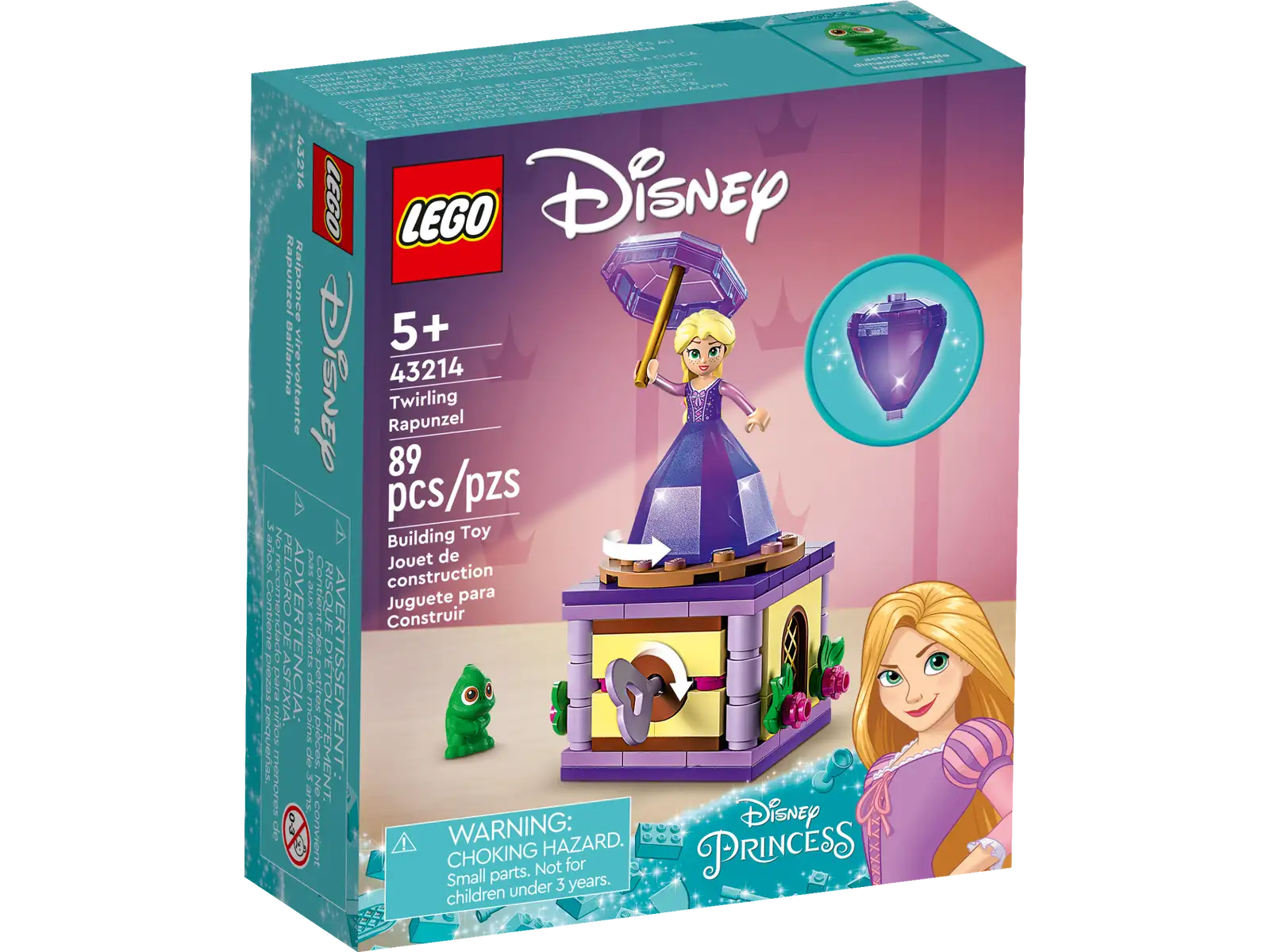 Captivate kids aged 5 and up with this LEGO® ǀ Disney Twirling Rapunzel (43214) set, featuring a buildable stand with decorative details, key and space for Pascal the chameleon LEGO figure, a Rapunzel LEGO mini-doll figure and a ‘diamond’ dress that connects with the umbrella to store the mini-doll. Kids can enjoy an easy and intuitive building adventure with the LEGO Builder app, which lets them zoom in and rotate models in 3D, save sets and track their progress. Learning and fun Disney’s Rapunzel fans gain meaningful skills while playing with this set. The build helps grow children’s confidence, while sparking their imagination and creativity as they play out movie-based scenes or invent their own. It can be played with independently or added to other LEGO ǀ Disney sets (sold separately). Well-known characters This fun set gets kids playing quickly with a Disney’s Rapunzel LEGO mini-doll figure and Pascal LEGO chameleon figure and makes a creative ‘just because’ gift for kids any time. Imaginative play – Give a Disney’s Rapunzel fan an unexpected treat with this LEGO® ǀ Disney Twirling Rapunzel (43214) Building Toy Set. The fun starts with building and doesn’t stop What’s inside? – This 89-piece set has a buildable stand with decorative details and a key, a small space for a LEGO® figure and a transforming ‘diamond’ dress that stores a LEGO mini-doll figure Well-known characters – Featuring Disney’s Rapunzel and Pascal the chameleon LEGO® figures, this set can be combined with other Disney Princess sets (sold separately) or used for open play on its own Inventive gift for ages 5+ – Kids will love this set full of imaginative possibilities, which makes a fun birthday gift or ‘just because’ treat Play on the go – With the box (including mini-doll) measuring over 4.5 in. (11 cm) high, 2.5 in. (6 cm) wide and 2 in. (5 cm) deep, this set is made for kids to build and play with anywhere A new way to build – Let the LEGO® Builder app guide kids on an intuitive building adventure. They can save sets, track progress and zoom in and rotate models in 3D while they build Collectible fun – The LEGO® ǀ Disney Diamond Dress Assortment offers kids and fans a range of sets, with 5 different princesses and their ‘diamond’ dresses spread across the collection Building life skills – With a detailed mini-doll figure and courtyard build, this Disney’s Rapunzel buildable set encourages open creative play that helps build important life skills through fun Uncompromising quality – Ever since 1958, LEGO® components have met stringent industry standards to ensure they connect consistently Safety first – LEGO® components are dropped, heated, crushed, twisted and analyzed to make sure they meet rigorous global safety standards