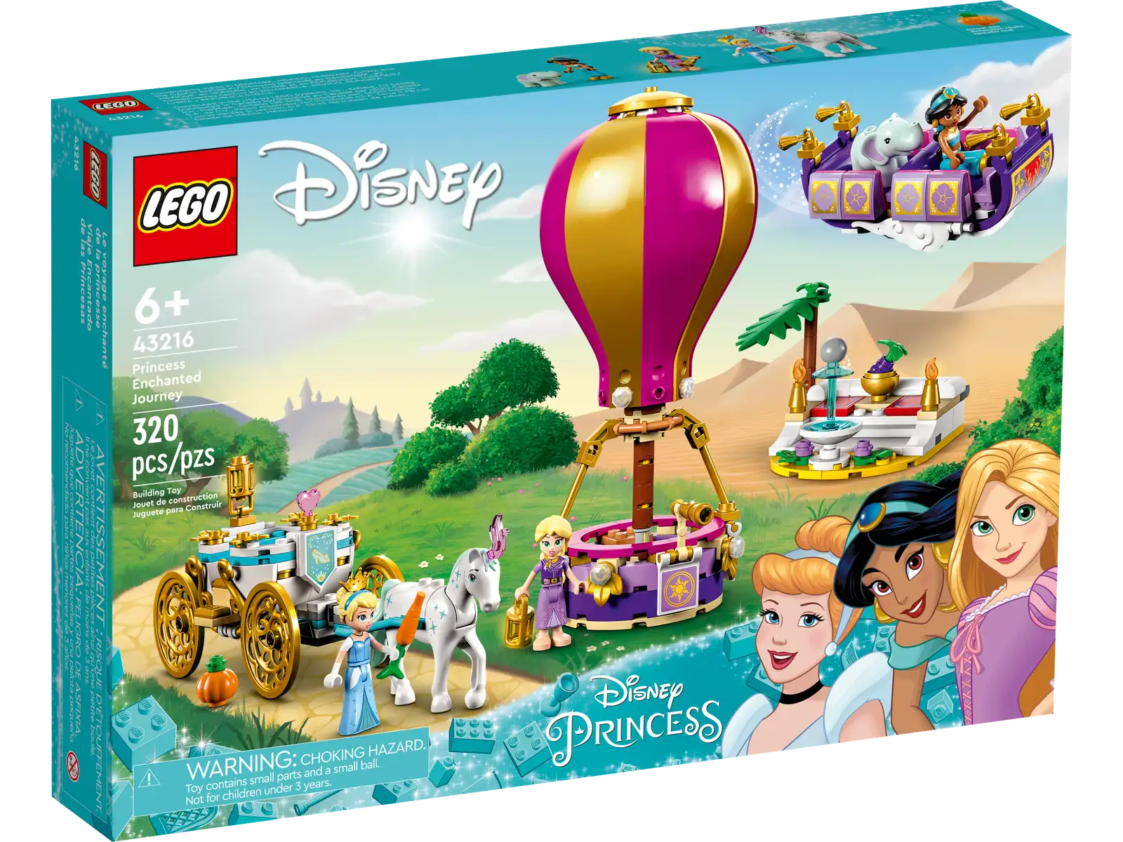 Kids aged 6 and up and fans of Disney’s Aladdin, Cinderella and Rapunzel will be inspired by this LEGO® ǀ Disney Princess Enchanted Journey (43216) set, featuring 3 buildable modes of travel, a small lounge build, 3 LEGO mini-doll figures and 2 LEGO animal figures. As they build, kids can enjoy an easy and intuitive building adventure with the LEGO Builder app. Here they can zoom in and rotate models in 3D, save sets and track their progress. A passion for travel and fun These Disney Princess builds help grow children’s confidence, then spark their imagination and creativity as they play out their own stories with beloved characters. This set is great for group play and can be added to other LEGO ǀ Disney sets (sold separately) to expand the play even further. Iconic collection of characters This set encourages play with Disney’s Cinderella, Jasmine and Rapunzel, and it makes a fun gift experience that Disney fans of any age will enjoy building and exploring. Open-ended fun – Give a Disney Princess fan or any kid who likes to travel a gift full of details to inspire the imagination with this LEGO® ǀ Disney Princess Enchanted Journey (43216) set Creativity in a box – This set includes 3 buildable transport possibilities: a hot-air balloon, open-top carriage and flying carpet, plus a small lounge build and lots of accessories to spark play Beloved characters – Featuring Disney Princess Cinderella, Jasmine and Rapunzel, plus LEGO® horse and baby elephant figures, the set is designed for unlimited fun and imagination Fun gift for ages 6+ – This set makes a creative gift for a Disney fan, child or a group of kids with a passion for their favorite Disney Princess characters or travel play Ready for everyday play – The hot-air balloon measures over 7 in. (18 cm) high, 3.5 in (9 cm) long and 3 in. (8 cm) wide, and all 3 builds are made for endless play sessions A new way to build – Let the LEGO® Builder app guide kids on an intuitive building adventure. They can save sets, track progress and zoom in and rotate models in 3D while they build Important life skills – With detailed LEGO® mini-doll figures and 4 recognizable builds, this Disney Princess construction set fosters creative play that helps build vital life skills through fun Uncompromising quality – Ever since 1958, LEGO® components have met stringent industry standards to ensure they connect consistently Safety first – LEGO® components are dropped, heated, crushed, twisted and analyzed to make sure they meet rigorous global safety standards