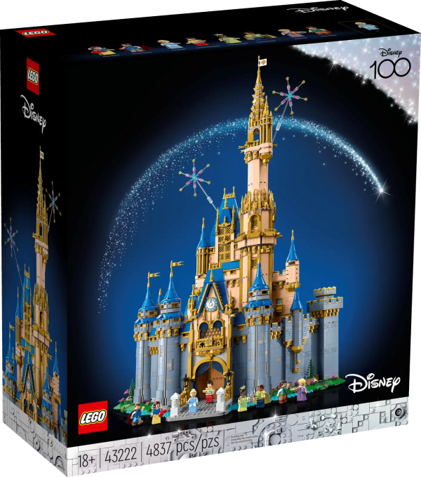 Share your love of Disney Princess characters and their partners with this LEGO® ǀ Disney: Disney Castle (43222) set. Based on several well-known Disney Princess movies, this detailed set showcases different rooms, classic Disney references, nostalgic details, plus a special time capsule commemorating 100 years of Disney movies, all in a unique castle designed for display. It also features a spinning dance floor in the grand ballroom and an ‘enchanted’ fireplace that rotates to reveal the iconic spinning wheel from the Sleeping Beauty movie. The ultimate collectible This premium, detailed LEGO set includes 8 minifigures of well-known characters from beloved Disney movies – Disney’s Cinderella, Prince Charming, Snow White, Prince Florian, Princess Tiana, Prince Naveen, Rapunzel and Flynn Ryder. The included minifigures can encourage younger kids’ role-play fun, but the set isn’t just a toy. This uniquely collectible castle also looks incredibly impressive on display. Share the joy – Give any Disney Princess fan aged 18 and up a gift full of details to inspire creative joy with this LEGO® ǀ Disney: Disney Castle (43222) set Display your build – This detailed set features 4,837 pieces that create a multi-level castle full of rooms, details, features and functions to spark joy and nostalgia at every turn Well-known characters – The set features 8 LEGO® minifigures: Disney’s Cinderella, Prince Charming, Snow White, Prince Florian, Princess Tiana, Prince Naveen, Rapunzel and Flynn Ryder Creative build – A challenging build full of hidden details for any Disney fan to enjoy. Explore the world within the castle as you bring it to life and create an impressive display piece to admire Distinctive gift – The castle measures over 31.5 in. (80 cm) high, 23 in. (59 cm) wide and 13 in. (33 cm) deep, and makes a fun gift idea for yourself or anyone with a passion for Disney movies Digital building instructions – The LEGO® Builder app features a digital version of the building instructions included with this set Illustrated instructions – This eye-catching set comes with a premium booklet featuring details about the castle and model concept, a designer interview and instructions to guide you through the build Uncompromising quality – Ever since 1958, LEGO® components have met stringent industry standards to ensure they connect consistently Safety first – LEGO® components are dropped, heated, crushed, twisted and analyzed to make sure they meet rigorous global safety standards