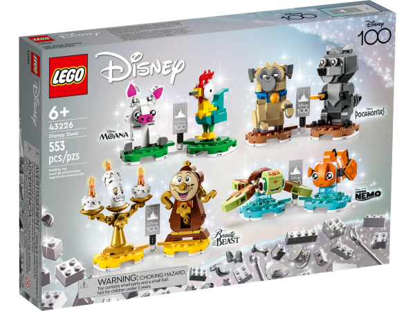 Appeal to movie fans and kids aged 6 and up with this LEGO® ǀ Disney: Disney Duos (43226) set, which includes 4 pairs of iconic brick-built characters from classic movies. Each character is posable, and every pair comes with a connectable display stand featuring a Disney-100th-anniversary-decorated element. As they build, kids can enjoy an easy and intuitive adventure with the LEGO Builder app. They can zoom in and rotate models in 3D, save sets and track their progress. Favorite Disney characters This premium set is packed with beloved companion character pairs, including Lumiere and Cogsworth from Disney’s Beauty and the Beast, Pua and Hei Hei from Moana, Nemo and Squirt from Finding Nemo and Meeko and Percy from Pocahontas. The set is perfect for display and will be something everyone talks about when they see it. A passion for fun – Give a Disney fan or any kid aged 6 and up who loves movies a birthday gift full of fun to inspire the imagination with this LEGO® ǀ Disney: Disney Duos (43226) buildable toy set Imagination on display – The set includes 8 brick-built, posable characters from 4 popular Disney movies, plus stands with Disney-100th-anniversary-decorated elements for displaying the pairs Fun double acts – Featuring Disney’s Cogsworth, Lumiere, Pua, Hei Hei, Nemo, Squirt, Percy and Meeko LEGO® buildable toy figures that fans can collect and display as pairs in different poses Trendsetting gift for ages 6+ – This premium set makes a creative treat for movie fans or kids with a love of Disney buildable figures and LEGO® play Pose and show – As the 2 tallest buildable figures, Disney’s Cogsworth stands over 3 in. (7 cm) tall and Lumiere stands over 3.5 in (8 cm) tall, and both can be posed on display with the other pairs A new way to build – Let the LEGO® Builder app guide kids on an intuitive building adventure. They can save sets, track progress and zoom in and rotate models in 3D while they build Important life skills – 8 LEGO® brick-built figures with stands help kids build vital life skills through fun while they share a love of their favorite Disney movie companion characters Uncompromising quality – Ever since 1958, LEGO® components have met stringent industry standards to ensure they connect consistently Safety first – LEGO® components are dropped, heated, crushed, twisted and analyzed to make sure they meet rigorous global safety standards