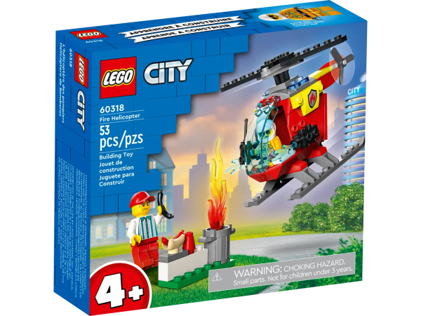 Introduce younger kids to the exciting world of LEGO® City with the LEGO City Fire Helicopter (60318) playset, featuring a toy helicopter with a storage compartment and spinning rotors, plus firefighter and hotdog vendor minifigures. Just add the garbage can, LEGO flames and burnt hotdog for hours of imaginative play. Printed and digital building instructions This 4+ set comes with a pictorial printed building guide and a LEGO Starter Brick element – a pre-formed base from which to start building the helicopter. In addition, kids get an interactive digital guide that enables them to zoom, rotate and visualize the finished model from all angles as they build. It’s available in the free LEGO Building Instructions app for smartphones and tablets. Exploring the world through play LEGO City playsets come with feature-rich buildings, realistic vehicles and fun characters that stimulate kids’ open-ended imaginative role play based on everyday heroes and real-life events. Firefighter playset for kids aged 4+ – Introduce children to the world of LEGO® play with this LEGO City Fire Helicopter (60318) playset What’s in the box? – Everything you need to build a toy fire helicopter, plus firefighter and vendor minifigures, a trash can with LEGO® flames and fun accessories, including a burnt hotdog Features and functions – The helicopter comes with spinnable rotors, a storage compartment and a minifigure cockpit A gift for any occasion – This LEGO® City setcan be given as a birthday, holiday or any-other-day surprise for kids who love imaginative play A take-along toy – When built, the Fire Helicopter measures over 3.5 in. (8 cm) high, 4.5 in. (12 cm) long and 2 in. (5 cm) wide LEGO® accessories add to the play – Minifigure toy accessories include a hotdog, burnt hotdog, hotdog roll, walkie-talkie and a flight helmet Designed for younger builders – This 4+ set includes a LEGO® Starter Brick element, pictorial building guide and interactive digital instructions, available in the free LEGO Building Instructions app Helping kids develop life skills – LEGO® City playsets are designed to nurture physical skills and confidence through creative play Quality assured – All LEGO® components meet strict industry standards to ensure they are consistent, compatible and fun to build with: it’s been that way since 1958 Putting safety first – LEGO® bricks and pieces are dropped, heated, crushed, twisted and analyzed to make sure they meet stringent global standards for safety