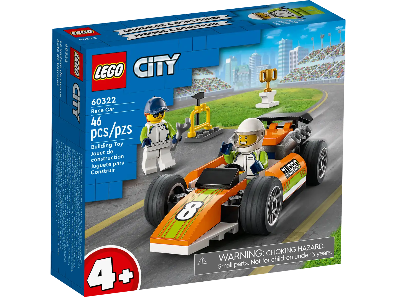 Introduce kids to a world of fun and excitement with this LEGO® City Race Car (60322) toy playset, featuring an F1-style car, plus tools and a winner’s trophy. Just add the mechanic and racing driver minifigures for hours of exciting racing adventures! Building fun for boys and girls aged 4 and up This 4+ toy construction set includes a pictorial printed building guide and a LEGO Starter Brick element – a pre-molded base from which to start building. You also get digital building instructions, available in the free LEGO Building Instructions app for smartphones and tablets. This amazing interactive guide lets kids zoom, rotate and visualize the finished model from all angles as they build. A world of fun LEGO City Great Vehicles playsets put kids at the heart of the action with cool toys that shift imaginative play into top gear. Children get to explore all kinds of land, air and water vehicles and play out fun scenarios that depict real life in an exciting way. Racing action for kids aged 4+ – Move imaginative play into the fast lane with this LEGO® City Race Car (60322) toy playset. A fun introduction to the LEGO City Great Vehicles universe What’s in the box? – Everything kids need to create a toy Race Car, plus a winner’s trophy, tools and driver and mechanic minifigures F1-style detailing – Kids get to explore the toy race car as they build, before popping the driver behind the wheel for hours of imaginative racing fun A fun anytime gift – This LEGO® City Great Vehicles race car toy building set can be given as a birthday, holiday or any-other-day gift for kids aged 4 and up Play on the go – When built, the race car measures over 1 in. (3 cm) high, 4 in. (11 cm) long and 2 in. (5 cm) wide, so it can be played with wherever kids go Includes fun minifigure accessories – This race car playset comes with a toy LEGO® hammer, wrench, crash helmet and winner’s trophy, for race action and minifigure pit-stop repairs Guidance for younger builders – This 4+ set includes a LEGO® Starter Brick element, pictorial building guide and digital building instructions, available in the free LEGO Building Instructions app Shift creative play up a gear – LEGO® City Great Vehicles playsets come with realistic toy vehicles and fun characters. Kids develop key skills and confidence as they build and play Quality assured – All LEGO® components meet stringent industry standards to ensure they are consistent, compatible and fun to build with: it’s been that way since 1958 Safety first – LEGO® components are dropped, heated, crushed, twisted and analyzed to make sure they meet strict global standards for safety