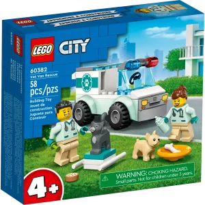 Budding vets and animal-lovers aged 4+ will enjoy this LEGO® City Vet Van Rescue (60382) building set, featuring a toy rescue vehicle with a removable stretcher, 2 veterinary minifigures, dog and cat figures and fun accessories for hours of imaginative pet-care play. Designed for preschoolers and youngsters This 4+ playset comes with a LEGO Starter Brick element, pictorial instructions and the LEGO Builder app – a digital building companion with intuitive zoom and rotate tools that enable kids to visualize the finished model from all angles as they build. A play-and-learn building toy LEGO City sets help kids develop confidence and key life skills with realistic toys and fun characters that inspire open-ended imaginative play. Animal-care toy playset for kids aged 4+ – Budding vets and animal lovers will adore this LEGO® City Vet Van Rescue (60382) play-and-learn building set What’s in the box? – Everything kids need to create a toy animal-rescue vehicle, plus 2 vet minifigures, dog and cat figures and fun accessories Imaginative play – Kids can help the poorly pets onto the stretcher, before popping the vet minifigures into the driver’s cab and heading to the nearest vet clinic A fun anytime gift – This vet-themed playset can be given as a birthday, holiday or any-other-day gift for kids aged 4 and up Dimensions – The veterinary van measures over 2 in. (5 cm) high, 3.5 in. (9 cm) long and 1.5 in. (5 cm) wide Fun-LEGO® minifigure accessories – Includes a toy syringe, baby bottle, dog bowl and bone Guidance for younger builders – This 4+ set includes a LEGO® Starter Brick element, a simple pictorial building guide and digital mentoring via the LEGO Builder app A play-and-learn buildingtoy – LEGO® City sets help kids develop confidence and key life skills with fun toys and characters that inspire open-ended imaginative play Quality assured – All LEGO® components meet stringent industry standards to ensure they are consistent, compatible and fun to build with: it’s been that way since 1958 Safety first – LEGO® components are dropped, heated, crushed, twisted and analyzed to make sure they meet strict global standards for safety