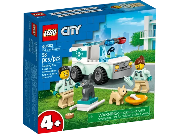 Budding vets and animal-lovers aged 4+ will enjoy this LEGO® City Vet Van Rescue (60382) building set, featuring a toy rescue vehicle with a removable stretcher, 2 veterinary minifigures, dog and cat figures and fun accessories for hours of imaginative pet-care play. Designed for preschoolers and youngsters This 4+ playset comes with a LEGO Starter Brick element, pictorial instructions and the LEGO Builder app – a digital building companion with intuitive zoom and rotate tools that enable kids to visualize the finished model from all angles as they build. A play-and-learn building toy LEGO City sets help kids develop confidence and key life skills with realistic toys and fun characters that inspire open-ended imaginative play. Animal-care toy playset for kids aged 4+ – Budding vets and animal lovers will adore this LEGO® City Vet Van Rescue (60382) play-and-learn building set What’s in the box? – Everything kids need to create a toy animal-rescue vehicle, plus 2 vet minifigures, dog and cat figures and fun accessories Imaginative play – Kids can help the poorly pets onto the stretcher, before popping the vet minifigures into the driver’s cab and heading to the nearest vet clinic A fun anytime gift – This vet-themed playset can be given as a birthday, holiday or any-other-day gift for kids aged 4 and up Dimensions – The veterinary van measures over 2 in. (5 cm) high, 3.5 in. (9 cm) long and 1.5 in. (5 cm) wide Fun-LEGO® minifigure accessories – Includes a toy syringe, baby bottle, dog bowl and bone Guidance for younger builders – This 4+ set includes a LEGO® Starter Brick element, a simple pictorial building guide and digital mentoring via the LEGO Builder app A play-and-learn buildingtoy – LEGO® City sets help kids develop confidence and key life skills with fun toys and characters that inspire open-ended imaginative play Quality assured – All LEGO® components meet stringent industry standards to ensure they are consistent, compatible and fun to build with: it’s been that way since 1958 Safety first – LEGO® components are dropped, heated, crushed, twisted and analyzed to make sure they meet strict global standards for safety