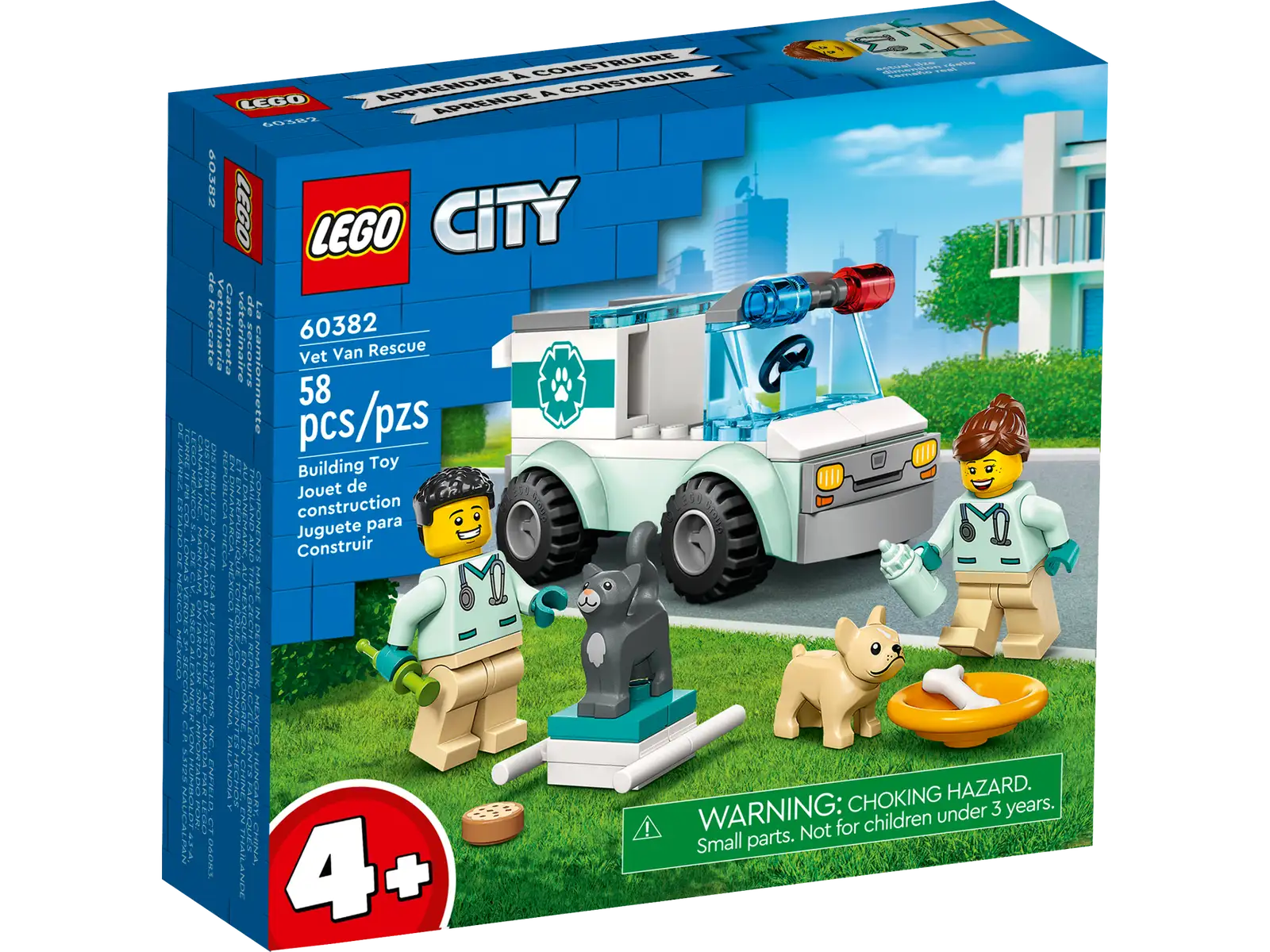 Budding vets and animal-lovers aged 4+ will enjoy this LEGO® City Vet Van Rescue (60382) building set, featuring a toy rescue vehicle with a removable stretcher, 2 veterinary minifigures, dog and cat figures and fun accessories for hours of imaginative pet-care play. Designed for preschoolers and youngsters This 4+ playset comes with a LEGO Starter Brick element, pictorial instructions and the LEGO Builder app – a digital building companion with intuitive zoom and rotate tools that enable kids to visualize the finished model from all angles as they build. A play-and-learn building toy LEGO City sets help kids develop confidence and key life skills with realistic toys and fun characters that inspire open-ended imaginative play. Animal-care toy playset for kids aged 4+ – Budding vets and animal lovers will adore this LEGO® City Vet Van Rescue (60382) play-and-learn building set What’s in the box? – Everything kids need to create a toy animal-rescue vehicle, plus 2 vet minifigures, dog and cat figures and fun accessories Imaginative play – Kids can help the poorly pets onto the stretcher, before popping the vet minifigures into the driver’s cab and heading to the nearest vet clinic A fun anytime gift – This vet-themed playset can be given as a birthday, holiday or any-other-day gift for kids aged 4 and up Dimensions – The veterinary van measures over 2 in. (5 cm) high, 3.5 in. (9 cm) long and 1.5 in. (5 cm) wide Fun-LEGO® minifigure accessories – Includes a toy syringe, baby bottle, dog bowl and bone Guidance for younger builders – This 4+ set includes a LEGO® Starter Brick element, a simple pictorial building guide and digital mentoring via the LEGO Builder app A play-and-learn buildingtoy – LEGO® City sets help kids develop confidence and key life skills with fun toys and characters that inspire open-ended imaginative play Quality assured – All LEGO® components meet stringent industry standards to ensure they are consistent, compatible and fun to build with: it’s been that way since 1958 Safety first – LEGO® components are dropped, heated, crushed, twisted and analyzed to make sure they meet strict global standards for safety