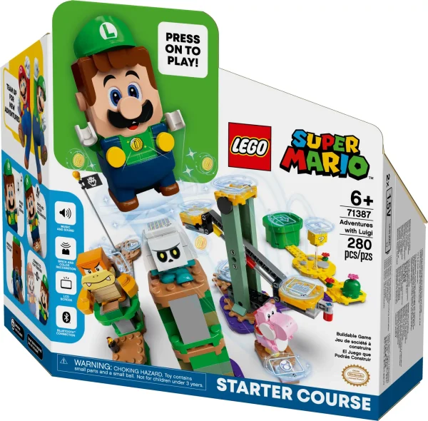 Introduce children to the interactive LEGO® Super Mario™ universe with this Adventures with Luigi Starter Course (71387). An awesome gift toy for trend-setting kids, it features a LEGO® Luigi™ figure that gives instant expressive responses via an LCD screen and speaker. Players earn digital coins for helping LEGO Luigi complete spinning seesaw and flying challenges, interactions with Pink Yoshi and defeating Boom Boom and a Bone Goomba. The nougat-brown-colored bricks in this Tower biome also trigger different reactions from LEGO Luigi, and the ? Block offers extra rewards. Creative fun Find building instructions in the free LEGO Super Mario app, which also includes inspiration for ways to rebuild levels and more. Unlimited possibilities Collectible LEGO Super Mario toy playsets offer a new way to play, in the real world, with iconic Super Mario characters. The Starter Courses and Expansion Sets, plus Power-Up Packs, combine in limitless ways to allow fans to build their own levels. The LEGO® Luigi™ figure is powered by 2 x AAA batteries (not included), delivering a highly interactive play experience where players get instant feedback and rewards for creativity. Introduce Super Mario™ fans to the real-world LEGO® Super Mario™ universe with this Adventures with Luigi Starter Course (71387), featuring a LEGO® Luigi™ figure for fun interactive play. LEGO® Luigi™ has a color sensor, an LCD screen to display many different instant reactions to movement, and a speaker that plays iconic sounds and music from the video game. Move LEGO® Luigi™ from Start Pipe to Goal Pole, collecting digital coins for spinning seesaw and flying challenges and interacting with the ? Block and Pink Yoshi, Boom Boom and Bone Goomba figures. The nougat-brown-colored bricks, which signify the Tower biome, trigger different reactions from LEGO® Luigi™. This modular, 280-piece LEGO® toy building set makes a fun birthday or holiday gift for creative kids aged 6 and up. It can be rebuilt and combined with other LEGO® Super Mario™ sets in many ways. The free LEGO® Super Mario™ app offers building instructions, creative tips and a safe platform for kids to share ideas. For a list of compatible Android and iOS devices, visit LEGO.com/devicecheck. Collectible LEGO® Super Mario™ toy playsets bring iconic Super Mario characters into the real world, offering fans limitless ways to expand, rebuild, customize and create their own unique levels. LEGO® bricks and pieces satisfy demanding industry standards to guarantee that they are compatible and connect simply and securely – it’s been that way since 1958. LEGO® components are tested in almost every way imaginable to make sure that they satisfy stringent global safety standards.