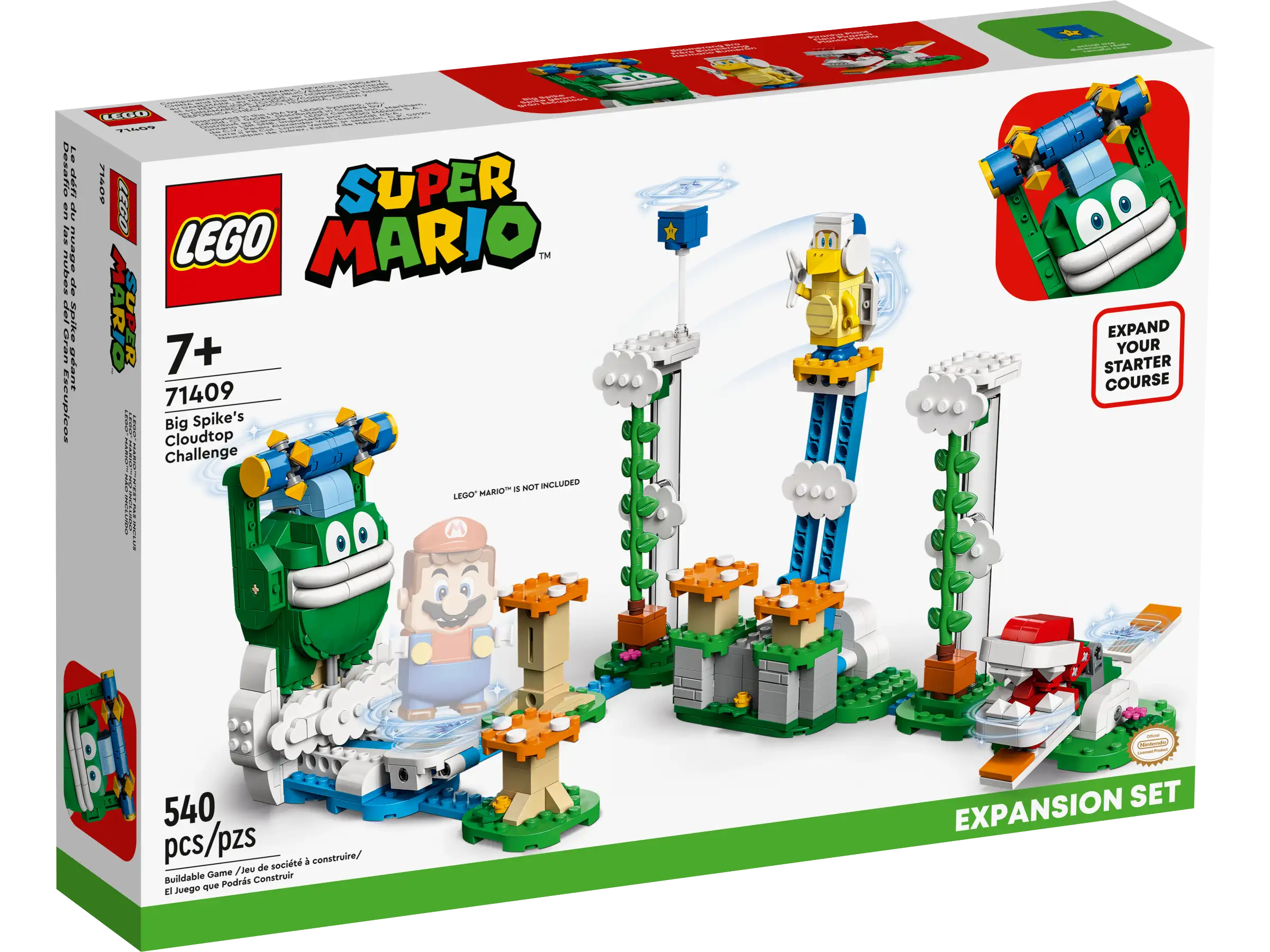 Kids can create their own LEGO® Super Mario™ sky level with the Big Spike’s Cloudtop Challenge Expansion Set (71409). It features familiar challenges from the Super Mario™ video games and LEGO figures of 3 popular enemies – a Big Spike, a Boomerang Bro and a Piranha Plant. Players earn digital coins for helping their LEGO® Mario™, LEGO® Luigi™ or LEGO® Peach™ figures (not included) battle the Big Spike, jump on the orange Mushroom Trampolines to get to the Boomerang Bro, use the Super Star Block and more. (Note: the 71360, 71387 or 71403 Starter Course is required for play.) Companion app Download the LEGO Super Mario app – it has building instructions, inspiring tips and other fun stuff to enhance kids’ creative experience. Top gift This playset makes an awesome gift toy for trendsetting kids aged 7+ and is ideal for solo or social play. LEGO Super Mario Starter Courses and Expansion Sets allow fans to expand, rebuild and create their own unique levels for hours of coin-collecting play. Introducing a new sky level – Let children take on Big Spike’s Cloudtop Challenge (71409) with this colorful LEGO® Super Mario™ Expansion Set featuring Super Mario™ enemy characters and challenges 3 LEGO® Super Mario™ figures – A Big Spike, a Boomerang Bro and a Piranha Plant Fun challenges – Dodge the spiked roller thrown by the Big Spike, gain Super Star Block power and jump on the seesaw to defeat the Piranha Plant and win digital coins Orange Mushroom Trampolines – Jump on the trampolines with LEGO® Mario™, LEGO® Luigi™ or LEGO® Peach™ (figures not included) to get to the Boomerang Bro Gift for ages 7 and up – This 540-piece set makes a fun birthday or holiday gift for trendsetting kids who own a LEGO® Super Mario™ Starter Course (71360, 71387 or 71403), which is needed for play Rebuild and mix – Measuring over 7 in. (19 cm) high, 14.5 in. (38 cm) wide and 9.5 in. (25 cm) deep in its basic formation, this modular set combines with other LEGO® Super Mario™ toy playsets Companion app – Download the LEGO® Super Mario™ app for building instructions, inspiring ideas and more. For a list of compatible Android and iOS devices, visit LEGO.com/devicecheck Inspire kids’ creativity – Collectible LEGO® Super Mario™ toys are designed for solo or social play, offering coin-collecting fun and unlimited creative challenges through expansion and rebuilding Premium quality – Since 1958, LEGO® components have complied with demanding industry quality standards to ensure that they connect simply and strongly for robust builds Safety is a priority – LEGO® building bricks are tested in almost every way imaginable to make sure that they meet strict global safety standards