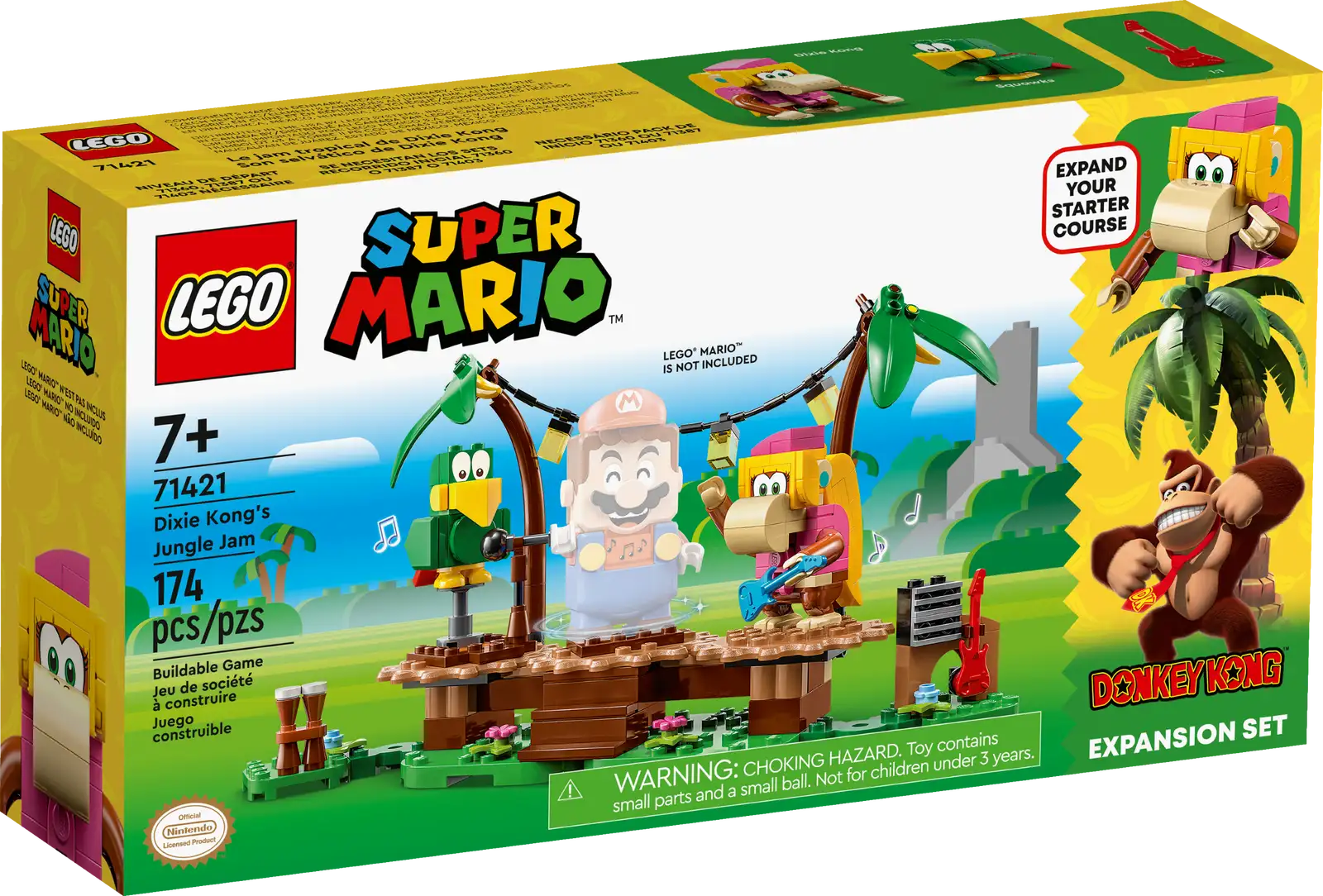 Children can venture into the jungle home of Donkey Kong™ for musical fun with this LEGO® Super Mario™ Dixie Kong’s Jungle Jam Expansion Set (71421). It features Dixie Kong and Squawks figures, a buildable stage, jungle scenery and musical instruments and equipment. Place LEGO® Mario™, LEGO® Luigi™ or LEGO® Peach™ (figures not included) center stage and turn them to make the connected stage platforms rotate, activating musical sounds. Note: the 71360, 71387 or 71403 Starter Course is required for interactive play. Companion app Download the LEGO Super Mario app for building instructions and other fun stuff to enhance youngsters’ creative experience. Gift idea This collectible playset makes a super gift toy for creative kids aged 7 and up who love music and animals – and adults with nostalgic memories of Donkey Kong will love it too! This and the many other LEGO Super Mario Expansion Sets allow fans to expand, rebuild and create their own levels for hours of coin-collecting play. Set the stage for musical fun – Kids can visit the jungle home of Donkey Kong™ with this LEGO® Super Mario™ Dixie Kong’s Jungle Jam Expansion Set (71421) and enjoy a musical adventure 2 LEGO® Super Mario™ characters from the jungle home of Donkey Kong™ – Dixie Kong with a guitar element and Squawks the parrot with a buildable microphone, plus buildable bongos and an amplifier Rotating stage platforms – Place LEGO® Mario™, LEGO® Luigi™ or LEGO® Peach™ (figures not included) center stage and turn them to make the connected stage platforms rotate, activating musical sounds Social play – There is space on the stage for a second interactive figure. The set also includes jungle scenery including 2 buildable palm trees, lighting and flower elements Gift for ages 7 and up – This 174-piece set makes a fun birthday or holiday gift for kids who own a LEGO® Super Mario™ Starter Course (71360, 71387 or 71403), which is needed for interactive play Fun combos – Measuring over 5 in. (12 cm) high, 9.5 in. (24 cm) wide and 4 in. (10 cm) deep in its basic formation, this modular set combines with other LEGO® Super Mario™ toy playsets Digital instructions – Download the LEGO® Super Mario™ app for building instructions, inspiring ideas and more. For a list of compatible Android and iOS devices, visit LEGO.com/devicecheck Inspire kids’ creativity – Collectible LEGO® Super Mario™ toys are designed for solo or social play, offering coin-collecting fun and unlimited creative challenges through expansion and rebuilding Premium quality – LEGO® components satisfy rigorous industry quality standards, ensuring that they connect simply and strongly for robust builds Safety first – LEGO® building bricks are dropped, heated, crushed, twisted and analyzed to make sure that they comply with strict global safety standards