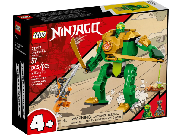 Lloyd’s Ninja Mech (71757) is the ideal playset to help kids aged 4 and up develop their building skills. It features a posable mech toy with a cockpit to carry the ninjas into battle, 2 large swords and 2 minifigures. Beginner LEGO® set inspires young kids to build This ninja playset has been specially designed to give kids aged 4 and up a brilliant build-and-play experience. Inside the box, each bag of bricks has a model and a character to build so kids can quickly get the action underway. There is also a Starter Brick to provide a partly constructed base to get kids building. Digital fun for all the family The playset comes with interactive digital building instructions to make the experience even more fun for little builders and their families. Available in the free LEGO Building Instructions app for use on smartphones and tablets, the zoom and rotate tools let young kids visualize the model as they construct it. They can save their progress at any point on the app. Beginner LEGO® set – Kids aged 4 and up have all they need to develop their building skills with this LEGO NINJAGO® Lloyd’s Ninja Mech (71757) playset 2 minifigures – Includes Lloyd with a sword and Boa Destructor with a long spear for young NINJAGO® fans to play out fun-filled clashes All-action mech toy – Kids can stage action-packed ninja adventures with this posable mech toy, which includes a Starter Brick to get the play underway quickly Treat for kids aged 4+ – This durable battle playset will keep little builders occupied for endless hours as they learn to build and play at the same time Display model – Lloyd’s Ninja Mech stands over 4 in. (11 cm) tall – the perfect size to display in a child’s bedroom between playtimes A quick build – Simple picture instructions mean kids will be carefully guided, step by step, through the building process Introduction to building with LEGO® bricks – 4+ playsets are a great way for youngsters to learn how to build, while allowing the rest of the family to share the fun Interactive digital building – Using the free LEGO® Building Instructions app, builders can zoom, rotate and visualize a digital version of their model on their smartphones and tablets High quality – For more than 6 decades, LEGO® bricks have been made to ensure they pull apart consistently every time. Ninja skills not needed Always in safe hands – LEGO® building bricks meet stringent global safety standards