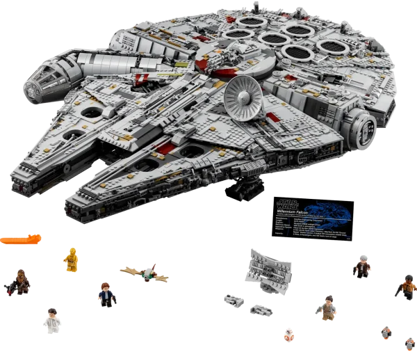 Welcome to the largest, most detailed LEGO® Star Wars Millennium Falcon model we’ve ever created—in fact, with 7,500 pieces it’s one of our biggest LEGO models, period! This amazing LEGO interpretation of Han Solo’s unforgettable Corellian freighter has all the details that Star Wars fans of any age could wish for, including intricate exterior detailing, upper and lower quad laser cannons, landing legs, lowering boarding ramp and a 4-minifigure cockpit with detachable canopy. Remove individual hull plates to reveal the highly detailed main hold, rear compartment and gunnery station. This amazing model also features interchangeable sensor dishes and crew, so you decide whether to play out classic LEGO Star Wars adventures with Han, Leia, Chewbacca and C-3PO, or enter the world of Episode VII and VIII with older Han, Rey, Finn and BB-8! Includes 4 classic crew minifigures: Han Solo, Chewbacca, Princess Leia and C-3PO. Also includes 3 Episode VII/VIII crew minifigures: Older Han Solo, Rey and Finn. Figures include a BB-8 droid, 2 buildable Porgs and a buildable Mynock. Exterior features include intricately detailed and removable hull panels, a lowering boarding ramp, concealed blaster cannon, 4-minifigure cockpit with detachable canopy, interchangeable round/rectangular sensor dishes, upper and lower quad laser cannons, and 7 landing legs. Main hold features a seating area, Dejarik holographic game, combat remote training helmet, engineering station with turning minifigure seat and a doorway build with passageway decoration. Rear compartment features the engine room with hyperdrive and console, 2 doorways, hidden floor compartment, 2 escape pod hatches, engineering console and an access ladder to the gunnery station. Gunnery station features a minifigure gunner’s seat and detachable hull panel with fully rotating quad laser cannon. An additional quad laser cannon is also mounted on the underside. This model includes 7,500 pieces. Also includes an informational fact plaque. Features a new-for-October-2017 cockpit canopy element. Classic crew weapons include Han’s blaster pistol and Chewbacca’s stud-firing bowcaster. Measures over 8” (21cm) high, 33” (84cm) long and 23” (60cm) wide.