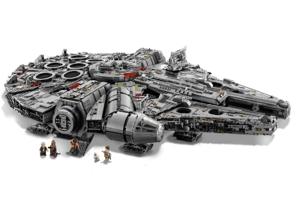 Welcome to the largest, most detailed LEGO® Star Wars Millennium Falcon model we’ve ever created—in fact, with 7,500 pieces it’s one of our biggest LEGO models, period! This amazing LEGO interpretation of Han Solo’s unforgettable Corellian freighter has all the details that Star Wars fans of any age could wish for, including intricate exterior detailing, upper and lower quad laser cannons, landing legs, lowering boarding ramp and a 4-minifigure cockpit with detachable canopy. Remove individual hull plates to reveal the highly detailed main hold, rear compartment and gunnery station. This amazing model also features interchangeable sensor dishes and crew, so you decide whether to play out classic LEGO Star Wars adventures with Han, Leia, Chewbacca and C-3PO, or enter the world of Episode VII and VIII with older Han, Rey, Finn and BB-8! Includes 4 classic crew minifigures: Han Solo, Chewbacca, Princess Leia and C-3PO. Also includes 3 Episode VII/VIII crew minifigures: Older Han Solo, Rey and Finn. Figures include a BB-8 droid, 2 buildable Porgs and a buildable Mynock. Exterior features include intricately detailed and removable hull panels, a lowering boarding ramp, concealed blaster cannon, 4-minifigure cockpit with detachable canopy, interchangeable round/rectangular sensor dishes, upper and lower quad laser cannons, and 7 landing legs. Main hold features a seating area, Dejarik holographic game, combat remote training helmet, engineering station with turning minifigure seat and a doorway build with passageway decoration. Rear compartment features the engine room with hyperdrive and console, 2 doorways, hidden floor compartment, 2 escape pod hatches, engineering console and an access ladder to the gunnery station. Gunnery station features a minifigure gunner’s seat and detachable hull panel with fully rotating quad laser cannon. An additional quad laser cannon is also mounted on the underside. This model includes 7,500 pieces. Also includes an informational fact plaque. Features a new-for-October-2017 cockpit canopy element. Classic crew weapons include Han’s blaster pistol and Chewbacca’s stud-firing bowcaster. Measures over 8” (21cm) high, 33” (84cm) long and 23” (60cm) wide.