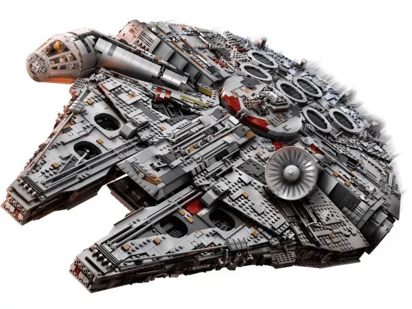 Welcome to the largest, most detailed LEGO® Star Wars Millennium Falcon model we’ve ever created—in fact, with 7,500 pieces it’s one of our biggest LEGO models, period! This amazing LEGO interpretation of Han Solo’s unforgettable Corellian freighter has all the details that Star Wars fans of any age could wish for, including intricate exterior detailing, upper and lower quad laser cannons, landing legs, lowering boarding ramp and a 4-minifigure cockpit with detachable canopy. Remove individual hull plates to reveal the highly detailed main hold, rear compartment and gunnery station. This amazing model also features interchangeable sensor dishes and crew, so you decide whether to play out classic LEGO Star Wars adventures with Han, Leia, Chewbacca and C-3PO, or enter the world of Episode VII and VIII with older Han, Rey, Finn and BB-8! Includes 4 classic crew minifigures: Han Solo, Chewbacca, Princess Leia and C-3PO. Also includes 3 Episode VII/VIII crew minifigures: Older Han Solo, Rey and Finn. Figures include a BB-8 droid, 2 buildable Porgs and a buildable Mynock. Exterior features include intricately detailed and removable hull panels, a lowering boarding ramp, concealed blaster cannon, 4-minifigure cockpit with detachable canopy, interchangeable round/rectangular sensor dishes, upper and lower quad laser cannons, and 7 landing legs. Main hold features a seating area, Dejarik holographic game, combat remote training helmet, engineering station with turning minifigure seat and a doorway build with passageway decoration. Rear compartment features the engine room with hyperdrive and console, 2 doorways, hidden floor compartment, 2 escape pod hatches, engineering console and an access ladder to the gunnery station. Gunnery station features a minifigure gunner’s seat and detachable hull panel with fully rotating quad laser cannon. An additional quad laser cannon is also mounted on the underside. This model includes 7,500 pieces. Also includes an informational fact plaque. Features a new-for-October-2017 cockpit canopy element. Classic crew weapons include Han’s blaster pistol and Chewbacca’s stud-firing bowcaster. Measures over 8” (21cm) high, 33” (84cm) long and 23” (60cm) wide.