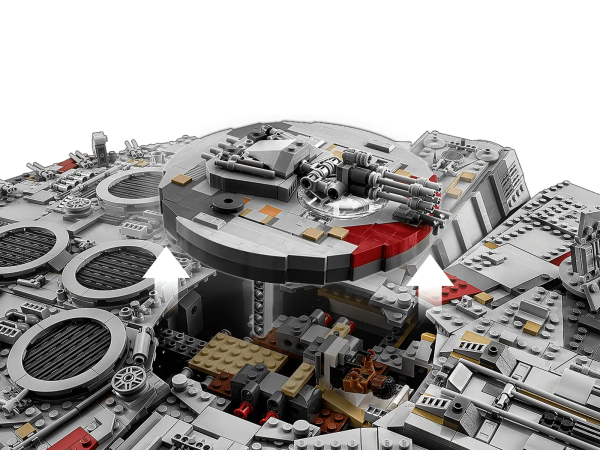 Welcome to the largest, most detailed LEGO® Star Wars Millennium Falcon model we’ve ever created—in fact, with 7,500 pieces it’s one of our biggest LEGO models, period! This amazing LEGO interpretation of Han Solo’s unforgettable Corellian freighter has all the details that Star Wars fans of any age could wish for, including intricate exterior detailing, upper and lower quad laser cannons, landing legs, lowering boarding ramp and a 4-minifigure cockpit with detachable canopy. Remove individual hull plates to reveal the highly detailed main hold, rear compartment and gunnery station. This amazing model also features interchangeable sensor dishes and crew, so you decide whether to play out classic LEGO Star Wars adventures with Han, Leia, Chewbacca and C-3PO, or enter the world of Episode VII and VIII with older Han, Rey, Finn and BB-8! Includes 4 classic crew minifigures: Han Solo, Chewbacca, Princess Leia and C-3PO. Also includes 3 Episode VII/VIII crew minifigures: Older Han Solo, Rey and Finn. Figures include a BB-8 droid, 2 buildable Porgs and a buildable Mynock. Exterior features include intricately detailed and removable hull panels, a lowering boarding ramp, concealed blaster cannon, 4-minifigure cockpit with detachable canopy, interchangeable round/rectangular sensor dishes, upper and lower quad laser cannons, and 7 landing legs. Main hold features a seating area, Dejarik holographic game, combat remote training helmet, engineering station with turning minifigure seat and a doorway build with passageway decoration. Rear compartment features the engine room with hyperdrive and console, 2 doorways, hidden floor compartment, 2 escape pod hatches, engineering console and an access ladder to the gunnery station. Gunnery station features a minifigure gunner’s seat and detachable hull panel with fully rotating quad laser cannon. An additional quad laser cannon is also mounted on the underside. This model includes 7,500 pieces. Also includes an informational fact plaque. Features a new-for-October-2017 cockpit canopy element. Classic crew weapons include Han’s blaster pistol and Chewbacca’s stud-firing bowcaster. Measures over 8” (21cm) high, 33” (84cm) long and 23” (60cm) wide.