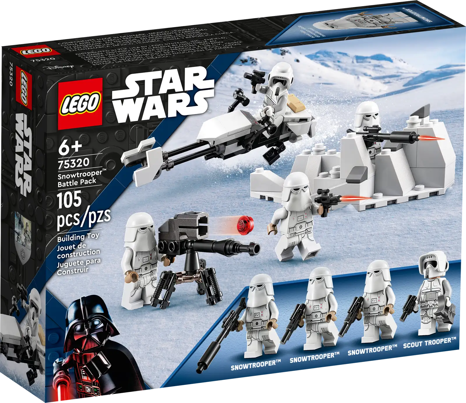 Let young fans build their own army and recreate Star Wars: The Empire Strikes Back action with the Snowtrooper Battle Pack (75320). It features 4 LEGO® minifigures with assorted blaster weapons, a buildable Imperial Hoth speeder bike, stud-shooting E-Web heavy repeating blaster and snow trench with extra ammunition. This building toy makes an awesome little gift or reward for creative kids aged 6 and up, to boost their collection of Snowtroopers and add new play possibilities to their other LEGO Star Wars™ sets. Digital building tools This set comes with step-by-step building instructions. And check out digital instructions on the LEGO Building Instructions app, with zoom and rotate viewing tools to enhance the experience. Creative fun The LEGO Group has been creating brick-built versions of iconic Star Wars starships, vehicles, locations and characters for over two decades. There is a huge array of buildable models for play and display that will excite fans all ages. Building set for battle play – With this LEGO® Star Wars™ Snowtrooper Battle Pack (75320), youngsters can build an army and reimagine epic Star Wars: The Empire Strikes Back scenes 4 LEGO® minifigures – A Hoth Scout Trooper and 3 Snowtroopers, plus 2 blaster guns, a blaster rifle and blaster pistol Mini builds – An Imperial Hoth speeder bike (which also combines with the 75313 AT-AT set), stud-shooting E-Web heavy repeating blaster and a snow trench with extra ammunition Gift idea for ages 6 and up – Give this 105-piece building toy to any kid who is into Star Wars: The Empire Strikes Back as a birthday or holiday gift or anytime treat Portable play – The speeder bike measures over 1 in. (3 cm) high, 4.5 in. (12 cm) long and 1 in. (3 cm) wide. This compact set will fit in a kid’s backpack ready for play wherever they go Interactive building instructions – Find instructions in the pack and on the free LEGO® Building Instructions app, which features digital viewing tools to enhance the building experience Sets for all ages – LEGO® Star Wars™ sets allow kids and adult fans to recreate iconic scenes, make up their own unique stories or simply display the construction models High quality – LEGO® components meet stringent industry standards, ensuring a simple, secure connection every time Safety first – LEGO® bricks and pieces are tested in almost every way imaginable to make sure they satisfy rigorous safety standards