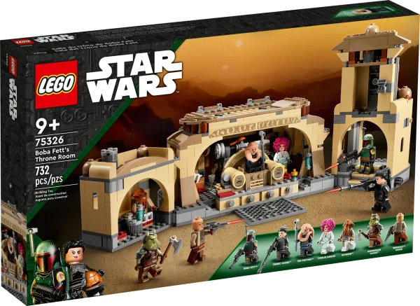 Write new chapters in the Star Wars: The Book of Boba Fett saga with this Boba Fett’s Throne Room buildable playset (75326) for fans aged 9 and up. The brick-built palace model opens up for easy access to the detailed throne room, barbecue area and kitchen. There is a throne with a hidden treasure compartment and a pop-up function to eject Bib Fortuna, tilting steps, an opening gate and lots of playful accessories. Cool characters A top gift for trendsetting kids, the set also includes 7 LEGO® Star Wars™ characters, including new-for-March-2022 Bib Fortuna, Theelin Dancer, Weequay Guard, Gamorrean Guard and Quarren LEGO minifigures, plus assorted weapons. Find step-by-step building instructions in the box and on the free LEGO Building Instructions app. Galaxy of joy The LEGO Group has been recreating iconic starships, vehicles, locations and characters from the Star Wars universe since 1999, and there are a huge variety of premium-quality sets to excite fans of all ages. Boba Fett’s Throne Room – Star Wars: The Book of Boba Fett fans can recreate authentic details of the throne room and other parts of Jabba the Hutt’s palace with this LEGO® Star Wars™ (75326) set 7 LEGO® Star Wars™ minifigures for creative role play – Boba Fett and Fennec Shand, Bib Fortuna, a Theelin Dancer, Weequay Guard, Gamorrean Guard and a Quarren, plus assorted weapons Playful features – The throne with a pop-up function to eject Bib Fortuna and a secret chamber containing weapons and beskar bar elements, shaking steps to topple a guard, an opening gate and more Opens up for easy access – Fold out the front of the buildable model and open the back to reveal a kitchen and barbecue area with a rotisserie, plus fun accessory elements including spotchka drinks Gift idea for ages 9 and up – Give this fun, 732-piece building toy as a holiday gift, birthday present or special treat to creative kids who are into Star Wars: The Book of Boba Fett Display between playtime adventures – The buildable palace playset measures over 6.5 in. (17 cm) high, 12.5 in. (32 cm) wide and 8 in. (20 cm) deep Printed and digital instructions – Find step-by-step illustrated instructions in the box and check out the LEGO® Building Instructions app for digital instructions, plus zoom and rotate viewing tools Construction sets for all ages – Collectible LEGO® Star Wars™ sets allow kids (and adult fans) to recreate memorable scenes, make up new adventures and display the building toys High quality – LEGO® components meet stringent quality standards, ensuring that they connect consistently and strongly Safety first – LEGO® bricks and pieces are dropped, heated, crushed, twisted and carefully analyzed to make sure that they comply with rigorous global safety standards