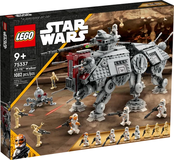 Recreate the Battle of Utapau with this fantastic LEGO® Star Wars™ AT-TE Walker (75337). A great gift idea for Star Wars: Revenge of the Sith fans aged 9 and up, this building toy features posable legs, a 360-degree-rotating elevating heavy blaster cannon with 2 stud shooters, a detachable minifigure cockpit and 2 detailed cabins with space for up to 7 LEGO minifigures in total. Each of the cabins opens for easy play and an extendable handle makes it simple to lift and move the AT-TE. Battle action The set includes 5 LEGO minifigures – Commander Cody, a 212th Clone Gunner and 3 212th Clone Troopers – to pit against 3 Battle Droid LEGO figures and a buildable Dwarf Spider Droid, plus assorted cool weapons. Find building instructions in the box and on the LEGO Building Instructions app, which has interactive viewing tools to enhance the creative experience. Popular building toys Explore the entire LEGO Star Wars range to discover other construction sets to delight people of all ages. AT-TE Walker building toy (75337) – Kids can recreate the Battle of Utapau with this detailed LEGO® Star Wars™ version of an AT-TE Walker from Star Wars: Revenge of the Sith 5 LEGO® minifigures and 3 LEGO droid figures – Commander Cody, a 212th Clone Gunner, 3 212th Clone Troopers and 3 Battle Droids, all with weapons, plus a buildable Dwarf Spider Droid Designed for play – The AT-TE has posable legs and an extendable handle to lift and move it, and the detachable cockpit and the 2 detailed cabins for Clone Troopers are easy to access Playful features – A 360-degree-rotating elevating heavy blaster cannon with 2 stud shooters and a seat for the 212th Clone Gunner, 6 blaster cannons, 2 thermal detonator elements and more Gift idea for ages 9 and up – Give this 1,082-piece buildable toy playset as a birthday or holiday gift to kids who love Star Wars: Revenge of the Sith and any LEGO® Star Wars™ collector Build together – Kids and their friends, siblings or parents can share the fun of building the AT-TE Walker, which measures over 7.5 in. (19 cm) high, 17 in. (44 cm) long and 9.5 in. (24 cm) wide App-assisted building – Find step-by-step illustrated instructions in the box and check out the LEGO® Building Instructions app for digital instructions and interactive viewing tools Fun for all ages – LEGO® Star Wars™ building sets allow kids and adult fans to recreate their favorite scenes, make up original stories or simply display the buildable models Quality assurance – LEGO® bricks and pieces meet stringent quality standards, ensuring that they are compatible and connect securely for robust builds Safety first – LEGO® components are thoroughly tested to make sure that they satisfy rigorous global safety standards