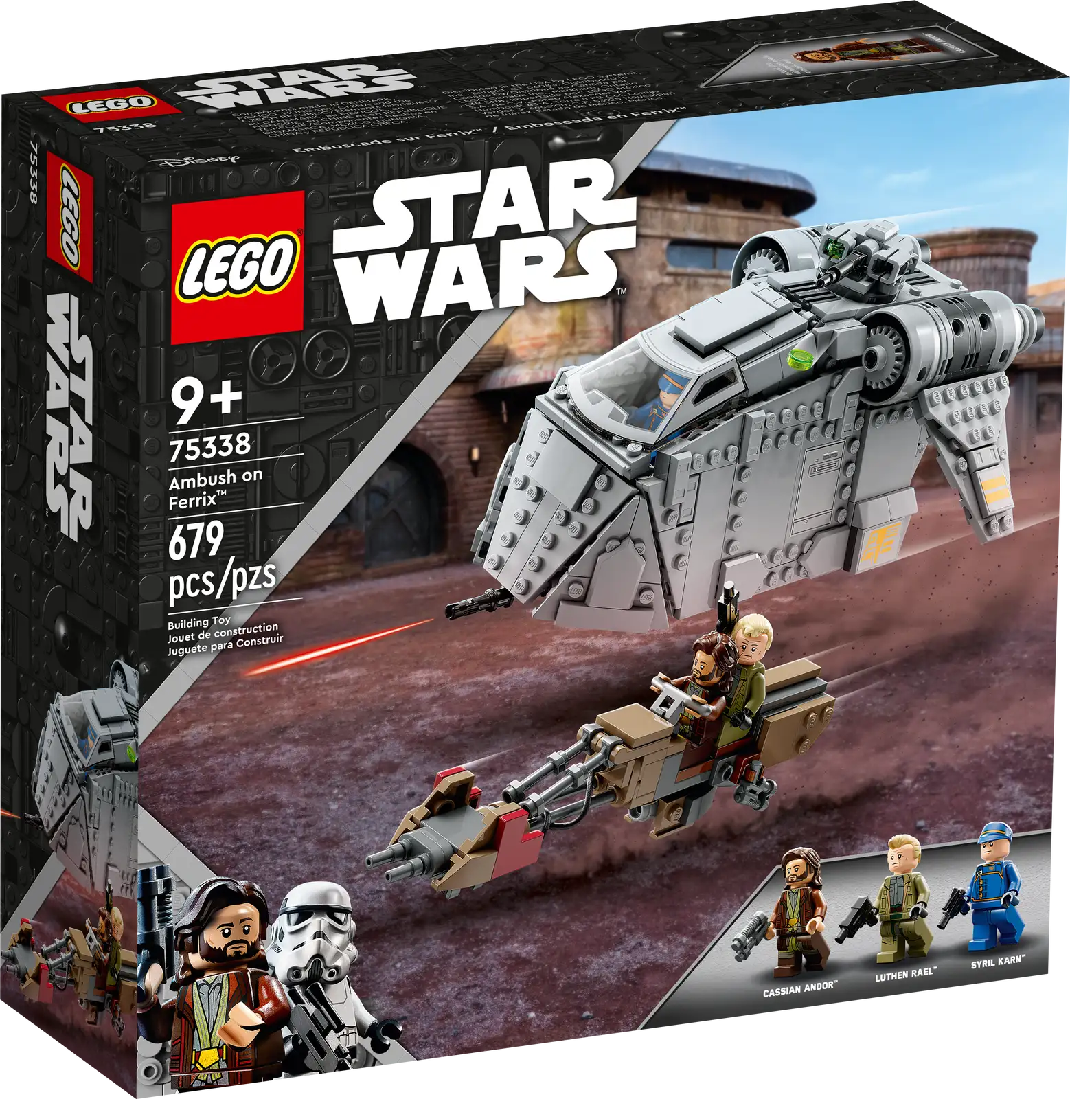 Star Wars: Andor fans can play out an action-packed Ambush on Ferrix with this LEGO® Star Wars™ (75338) set. It features a Mobile Tac-Pod with an opening top and side for easy access to the detailed interior, adjustable wings for flight and landing modes and a rotating double stud shooter, plus a speeder bike for Cassian Andor and Luthen Rael to ride on. There are 3 LEGO minifigures, each with a blaster pistol for battle play. App-assisted building This construction toy playset makes a top gift for kids aged 9 and up. Fun to build solo or with others, it comes with illustrated building instructions. And check out the LEGO Building Instructions app for digital instructions and intuitive viewing tools. Cool building toys The LEGO Group has been recreating iconic starships, vehicles, locations and characters from the Star Wars universe since 1999. There is a huge array of buildable models for play and display that will excite fans all ages. Buildable LEGO® Star Wars: Andor vehicle toy playset (75338) – Kids can play out an Ambush on Ferrix with this set, featuring a Mobile Tac-Pod, speeder bike and 3 Star Wars: Andor characters 3 LEGO® Star Wars™ minifigures – Cassian Andor, Luthen Rael and Syril Karn, each with blaster pistols for battle play Mobile Tac-Pod – Opening top and sides for access to the detailed interior, pilot seat, space for up to 5 LEGO® minifigures, adjustable wings, rotating double stud shooter and a rear access ramp Speeder bike – Seats for Cassian Andor and Luthen Rael, plus clips to attach their weapons Gift idea for ages 9 and up – Give this 679-piece set as a birthday or holiday gift to any Star Wars: Andor fan and creative kids who love LEGO® Star Wars™ buildable toy playsets Build together – Kids and their friends, siblings or parents can share the fun of building the Mobile Tac-Pod, which measures over 4.5 in. (11 cm) high, 9 in. (23 cm) long and 7 in. (17 cm) wide Printed and digital instructions – Step-by-step illustrated instructions are included and the LEGO® Building Instructions app offers digital instructions and interactive viewing tools Construction toys for all ages – LEGO® Star Wars™ sets allow kids and adult fans to recreate iconic scenes, invent original stories or simply display the brick-built models Quality assurance – LEGO® bricks and pieces meet stringent quality standards, ensuring that they are compatible and connect simply and securely Safety first – LEGO® components are dropped, heated, crushed, twisted and carefully analyzed to make sure that they comply with strict global safety standards