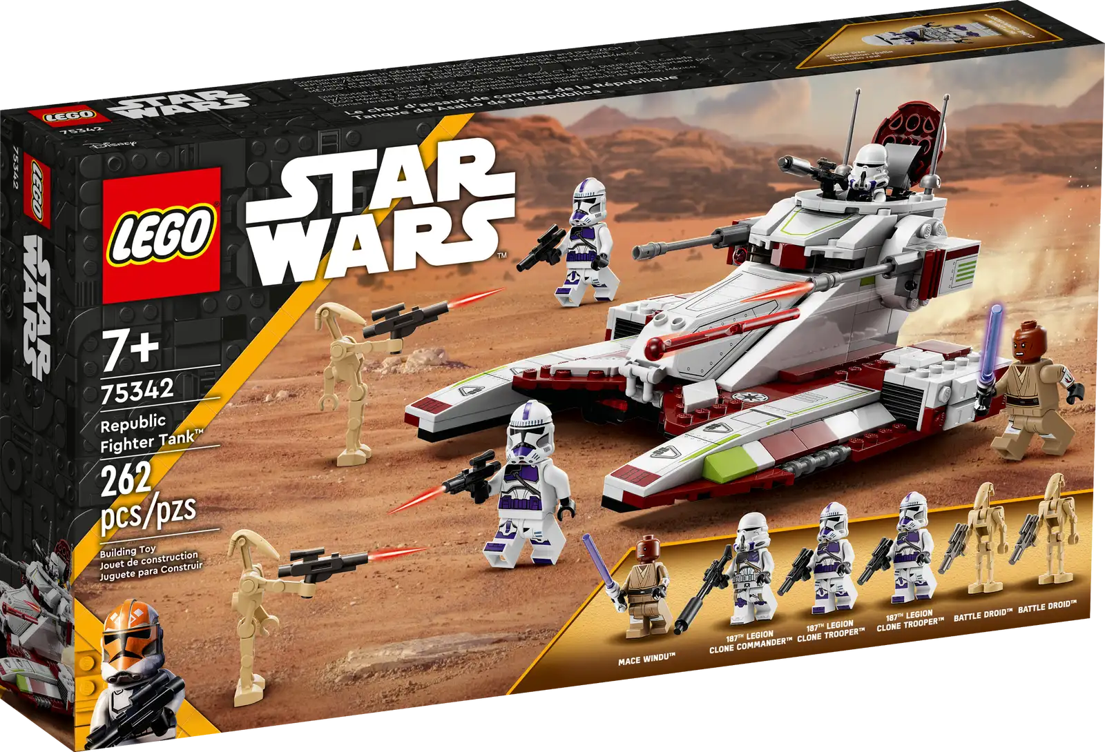 Star Wars: The Clone Wars fans can play out exciting clashes between Mace Windu’s 187th Legion Clone Troopers and the Battle Droids with this LEGO® brick-built Republic Fighter Tank (75342). It features hidden wheels for a hover effect, 2 elevating spring-loaded shooters and a lookout for the Clone Commander on top. There are 4 LEGO minifigures in the set: Mace Windu and new-for-May-2022 versions of the 187th Legion Clone Commander and Troopers, plus 2 Battle Droids – all with cool weapons. Gift idea for kids aged 7 and up Thinking of buying this awesome building toy as a gift for a Star Wars™ fan who is new to LEGO sets? No worries – step-by-step instructions are included to guide their fun, creative journey. Galaxy of choice The LEGO Group has been recreating iconic starships, vehicles, locations and characters from the Star Wars universe since 1999. LEGO Star Wars has become its most successful theme with a wide variety of buildable models to excite people of all ages. LEGO® Star Wars™ buildable tank toy playset (75342) – Fans can help Mace Windu and his 187th Legion Clone Troopers in Star Wars: The Clone Wars defeat the Battle Droids with this Republic Fighter Tank 6 LEGO® minifigures/figures for role play – Mace Windu with a lightsaber, 187th Legion Clone Commander with a blaster rifle, plus 2 187th Legion Clone Troopers and 2 Battle Droids, each with blasters Built for action play – The tank has hidden wheels for a hover effect, 2 elevating spring-loaded shooters, a minifigure cockpit, a lookout for the Clone Commander, and a rear hatch Gift idea for ages 7 and up – This 262-piece building toy makes a fun holiday gift, birthday present or surprise treat for creative kids who are into Star Wars: The Clone Wars Build, play and display – This buildable TX-130 Saber-class fighter tank model measures over 4 in. (10 cm) high, 8 in. (20 cm) long and 6 in. (16 cm) wide Illustrated instructions – A step-by-step guide is included so even young Star Wars™ fans who are newcomers to LEGO® sets can build with confidence Fun construction toys for all ages – LEGO® Star Wars™ sets enable kids and adult Star Wars fans to recreate iconic scenes, role-play their own creative stories or simply display the brick-built models Quality assurance – LEGO® components meet stringent industry standards, ensuring a simple, secure connection every time Safety first – LEGO® components are dropped, heated, crushed, twisted and carefully analyzed to make sure that they comply with rigorous global safety standards