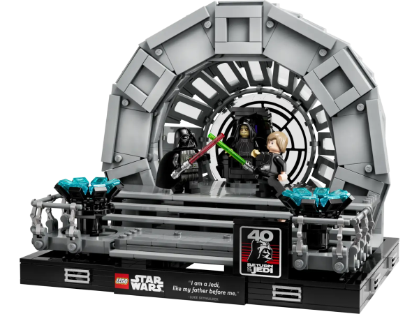 Relive the dramatic climax of the classic Star Wars™ trilogy with this Emperor’s Throne Room Diorama (75352). It is packed with authentic details, including a Death Star window element designed especially for this set and Emperor Palpatine’s rotating throne. Capture the action with Darth Vader and Luke Skywalker LEGO® minifigures, each with lightsabers, and Emperor Palpatine with 2 Sith lightning bolt elements. This build-and-display model is completed with a plaque featuring a famous Luke line(“I am a Jedi, like my father before me.”) and a plaque with the Star Wars: Return of the Jedi 40th anniversary logo. Galaxy of joy This is part of a collection of LEGO Star Wars Sets for Adults, including other buildable dioramas depicting iconic scenes, and is a great gift for yourself and other adult Star Wars fans. LEGO Builder With the LEGO Builder app, it’s easy to keep your instructions organized and at hand. Use the app to zoom in and rotate models in 3D, save sets and track your progress. Channel your creative Force – Capture the drama of Darth Vader and Luke Skywalker’s lightsaber duel scene in Star Wars: Return of the Jedi with this Emperor’s Throne Room Diorama (75352) set 3 LEGO® minifigures bring the scene to life – Darth Vader and Luke Skywalker, each with lightsabers, and Emperor Palpatine with 2 Sith lightning bolt elements Authentic details – A circular Death Star window element, rotating throne, 2 display consoles and more. The set also features a plaque marking the 40th anniversary of Star Wars: Return of the Jedi Expand your collection – This building kit is part of a series of collectible LEGO® Star Wars™ diorama sets, each depicting a memorable Star Wars scene Gift idea for adults – Treat yourself or give this 807-piece set as a holiday gift or birthday present to a fan of the classic Star Wars™ trilogy or a collector of LEGO® Star Wars dioramas Build and display – This buildable Star Wars™ display model measures over 6.5 in. (17 cm) high, 8 in. (21 cm) wide and 7 in. (17 cm) deep Get the whole picture – The LEGO® Builder app offers a convenient way to store your building instructions and keep track of your builds with tools to zoom in and rotate models in 3D From a galaxy far, far away to your fingertips – LEGO® Star Wars™ Sets for Adults are designed for people like you who enjoy hands-on, creative projects to unwind Quality assurance – Since 1958, LEGO® components have met stringent industry standards to ensure that they connect simply and securely Safety first – LEGO® bricks and pieces are dropped, heated, crushed, twisted and analyzed to make sure that they comply with strict global safety standards