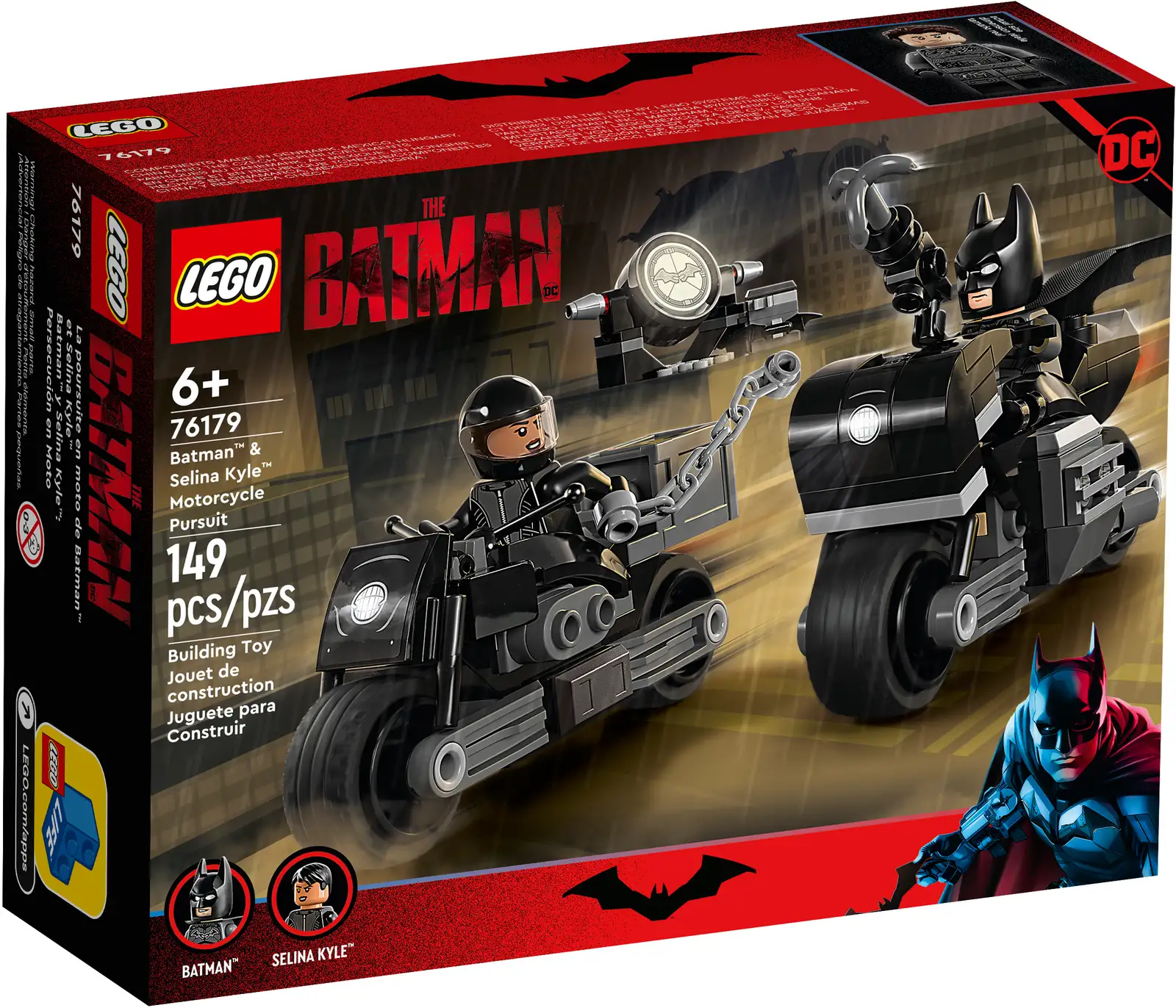 There’s double the fun for Batman™ fans aged 7+ with LEGO® DC Batman: Batman & Selina Kyle™ Motorcycle Pursuit (76179). This 2-motorcycle set is based on The Batman movie and is perfect for fans of fast-moving, super-hero adventures. Batman action – on wheels! Kids take their imaginations on a thrilling motorcycle ride with Batman and Selina Kyle. With 2 powerful-looking motorcycles and 2 minifigures, plus a Batarang™, grappling gun, chain and gem element, thrilling adventures will never be far away. A glow-in-the-dark Batsignal™ provides extra inspiration for endless super-hero stories. The free LEGO Building Instructions app contains an additional digital guide, which kids can use to zoom, rotate and visualize their model. There’s also a guided real-life building process that allows even younger builders to construct with confidence. Fast-moving action – The impressive, dual-motorcycle LEGO® DC Batman™: Batman & Selina Kyle™ Motorcycle Pursuit (76179) set puts the excitement of The Batman movie into kids’ hands 2 minifigures – Includes Batman™, with a fabric cape, and Selina Kyle™ minifigures, a Batarang™, grappling gun, chain, gem element and a glow-in-the-dark Batsignal™ Hands-on fun – Kids take their imaginations on a thrilling motorcycle ride with Batman™ and Selina Kyle™, enjoying endless super-hero adventures as they go Ideal for kids aged 7 and up – This versatile playset makes a great gift for Batman™ fans and any young motorcycle enthusiast Portable play – With Batman’s motorcycle measuring over 1 in. (4 cm) high, 3 in. (9 cm) long and 1 in. (3 cm) wide, this versatile playset is the perfect size to carry wherever kids want to play Additional in-app features – With the LEGO® Building Instructions app, kids can zoom, rotate and visualize a digital version of their model as they build More creative fun – All LEGO® DC building toys provide young super heroes with premium-quality playsets designed to deliver endless imaginative play possibilities Quality guaranteed – LEGO® components fulfill stringent industry quality standards to ensure they are consistent, compatible and connect and pull apart perfectly every time Safety assured – LEGO® components are dropped, heated, crushed, twisted and analyzed to make sure they satisfy rigorous global safety standards