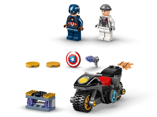 Help young super heroes develop creative building skills with this classic LEGO® Marvel playset. LEGO Marvel Captain America and Hydra Face-Off (76189) is designed especially for ages 4 and up. It encourages shared play and supports developmental benefits. A super start for little action heroes Created with young builders in mind, 4+ sets are packed with engaging details to ensure youngsters have a great play experience. Inside the box, each bag of bricks contains a complete model and character that kids can build quickly to get the play started fast! The set includes a partly constructed motorcycle to help kids begin construction “by myself”, and a fun, visual guide provides intuitive building instructions – ideal for kids who are unable to read fluently. Fun for all the family A LEGO 4+ playset is a special treat for any child, and for the rest of the family too. As adults pass on their construction skills, they share precious developmental milestones with their budding builder. LEGO® Marvel Captain America and Hydra Face-Off (76189) is a supercool, super-hero playset specially created to boost the imagination, dexterity and building confidence of youngsters aged 4 and up. Includes Captain America and Hydra agent minifigures, plus a buildable motorcycle and a disc shooter with detachable blaster. Kids push Captain America on his powerful motorcycle and battle an evil Hydra agent – just like in Marvel Studios’ Avengers: Age of Ultron – and dream up endless super-hero adventures of their own. A large Starter Brick and simple building steps ensure kids aged 4 and up can build with confidence as they assemble Captain America’s chunky-wheeled motorcycle. The motorcycle measures over 1.5 in. (4 cm) high, 4.5 in. (11 cm) long and 1.5 in. (4 cm) wide, big enough for epic adventures and perfectly sized for small hands to pick up and play with. A fun, visual guide provides intuitive building instructions – ideal for kids who can’t yet read. LEGO® 4+ sets introduce children to a universe of movie favorites, TV characters and everyday heroes that they will love to share with parents and other playtime partners. LEGO® components satisfy strict industry standards to ensure all 4+ sets are easy for little fingers to pick up, place and pull apart – it’s been that way since 1958. LEGO® bricks and pieces are dropped, heated, crushed, twisted and analyzed to make sure they fulfill rigorous child safety standards.