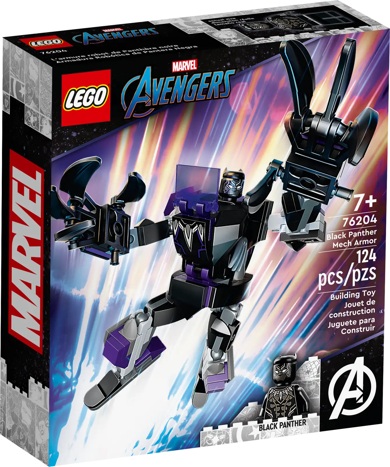 LEGO® Marvel Black Panther Mech Armor (76204) is a giant-sized treat for Black Panther fans aged 7 and up! This mighty play-and-display mech transforms the clawed Avenger into a supersized, Super-Hero warrior. Marvel action with a mighty mech Put mega Marvel adventures into kids’ hands. When they place the Black Panther minifigure into the cockpit of the Black Panther mech, its huge, movable arms, legs and crushing claws guarantee endless Super-Hero action as they battle bad guys, take on other mechs and recreate favorite Marvel movie scenes. And, when the day’s action is over, the Black Panther mech looks awesome on display in any kid’s room. Mechanical warrior – The LEGO® Marvel Black Panther Mech Armor (76204) is a fun treat for any young Super Hero Iconic Super Hero – Includes a Black Panther minifigure and a buildable Black Panther mech with fully jointed arms, legs and protruding claws Endless imaginative play – Kids put the Black Panther minifigure into the mech’s opening cockpit, then use the movable mech to battle bad guys and play out Super-Hero adventures of their own Treat for Marvel fans – This versatile mech can be given as a birthday, holiday or just-because gift to kids aged 7 and up Pick-up-and-play – Standing over 5.5 in. (15 cm) tall, this movable mech with jointed limbs is both posable and portable Collectible mechs – There are lots more LEGO® Marvel mechs for kids to collect and use to create their own multi-mech battles Quality guaranteed – LEGO® components fulfill stringent industry quality standards to ensure they are consistent, compatible and connect and pull apart easily every time Safety assured – LEGO® components are dropped, heated, crushed, twisted and analyzed to make sure they satisfy rigorous global safety standards