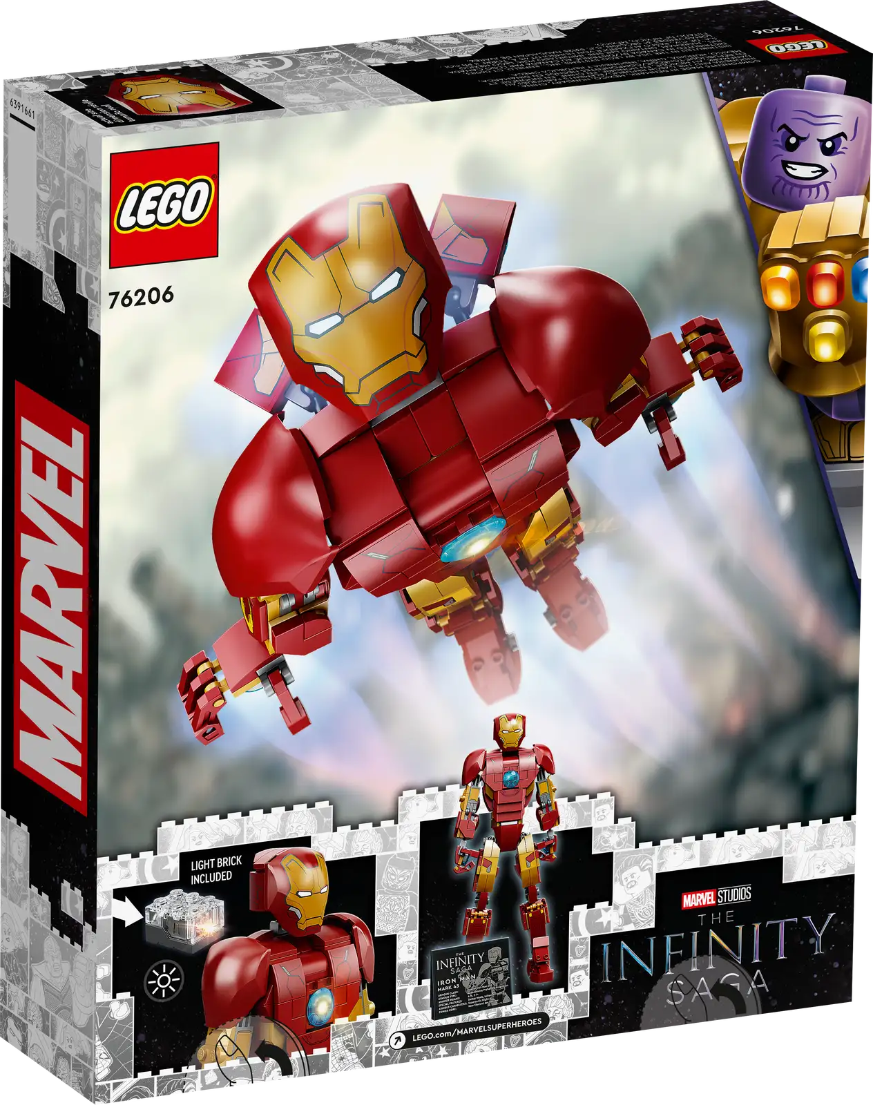 Give Iron Man fans aged 9 and up the ultimate gift: their own Iron Man . Standing over 9 in. (24 cm) tall, LEGO® Marvel Iron Man Figure (76206) is a buildable, take-anywhere toy that brings Marvel-movie authenticity to kids’ action-packed adventures. Just like the real thing Based on Iron Man from Marvel Studios’ Avengers: Age of Ultron, this realistic recreation is fully jointed, so kids can move and position the LEGO Marvel figure as they battle their way through exciting missions. A button-operated Light Brick adds extra realism as it illuminates the arc reactor in Iron Man’s chest. When not saving the universe, the Iron Man model looks great on display and includes a removable information plate with details about the iconic armored Avenger. The free LEGO Building Instructions app contains an additional digital guide that kids can use to zoom, rotate and visualize their model. There’s also a guided, real-life, building process that allows young builders to construct with confidence. An Iron Man of their own – LEGO® Marvel Iron Man Figure (76206) is the ultimate gift for fans of the armored Avenger Iconic Marvel hero – Kids assemble the 381 pieces into a realistic recreation of the metal-clad star of the Marvel movies Fully jointed – All parts of the buildable Iron Man are articulated, so kids can move, position and pose the armor just like the real thing Treat for Marvel fans – A birthday, holiday or just-because gift for young Super Heroes aged 9 and up Portable play – This take-anywhere Iron Man stands over 9 in. (24 cm) tall, the perfect size for hands-on action, and kids can carry it wherever they go Additional in-app features – With the LEGO® Building Instructions app, kids can zoom, rotate and visualize a digital version of their model as they build Iconic sets– All LEGO® Marvel building toys provide young Super Heroes with premium-quality playsets designed to deliver endless imaginative play possibilities Quality guaranteed – LEGO® components fulfill stringent industry quality standards to ensure they are consistent, compatible and connect and pull apart perfectly every time Safety assured – LEGO® components are dropped, heated, crushed, twisted and analyzed to make sure they satisfy rigorous global safety standards