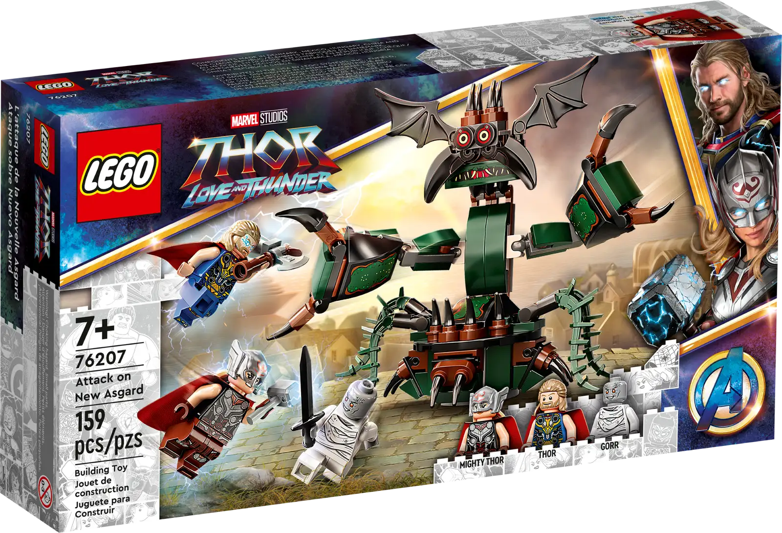 Give Super Heroes aged 7 and up a monster treat with LEGO® Marvel Attack on New Asgard (76207). This stand-out action playset from the Marvel Studios’ Thor: Love and Thunder movie pitches the heroes against a creature built out of kids’ imaginations. A must-have monster playset for Thor fans Kids can take on everyone’s worst nightmare with this mega-monster, Super-Hero playset. The buildable toy includes 3 popular minifigures: Gorr, who summons the Shadow Monster to life; Thor, swinging his Stormbreaker axe; and Mighty Thor, carrying the Mjölnir hammer. The towering monster has jointed arms and claws to maximize both play and display possibilities. For extra construction fun, the free LEGO Building Instructions app contains intuitive, digital visualization tools, including zoom and rotate. Super-Hero monster battles – With LEGO® Marvel Attack on New Asgard (76207), kids can be part of the Marvel Studios’ Thor: Love and Thunder movie action Iconic Marvel characters – Includes Thor, Mighty Thor and Gorr minifigures, plus a buildable Shadow Monster with jointed arms and claws for imaginative play and display Endless play possibilities – Kids recreate movie scenes and play out adventures of their own as they battle the twisting, turning, grabbing, nipping Shadow Monster Gift for kids – Put Marvel action into the hands of Thor fans aged 7 and up, with this movie-based birthday or holiday gift Jointed for posability – Standing over 4 in. (11 cm) tall, the posable Shadow Monster inspires endless imaginative role play and can be put on display when the day’s battles are over Interactive digital building – Using the LEGO® Building Instructions app, kids can zoom, rotate and visualize a digital version of their model as they build Creative play – All LEGO® Marvel building toys provide young Super Heroes with premium-quality playsets designed to deliver endless imaginative play possibilities Quality guaranteed – LEGO® components fulfill stringent industry quality standards to ensure they are consistent, compatible and connect and pull apart perfectly every time Safety assured – LEGO® components are dropped, heated, crushed, twisted and analyzed to make sure they satisfy rigorous global safety standards