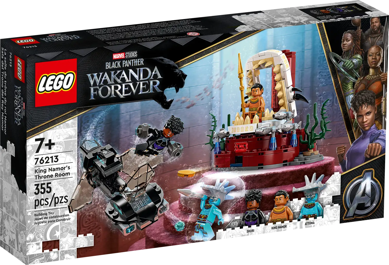 Imaginative underwater action awaits young Super Heroes aged 7 and up in the LEGO® Marvel King Namor’s Throne Room (76213) set. Submarine adventures for Black Panther fans The sleek and stylish recreation of the Skirmisher submarine from Marvel Studios’ Black Panther: Wakanda Forever features stud shooters that kids can fire as they battle the villain Attuma. At the end of the sub’s journey, they’ll discover the Temple of King Namor and the King’s seaweed-decorated throne room. When this mission is over, kids return to the submarine and set off on the next of many more underwater adventures. The set includes 3 minifigures – Shuri, Attuma and King Namor – along with their cool weapons and accessories. Black Panther submarine – LEGO® Marvel King Namor’s Throne Room (76213) takes Black Panther fans’ imaginations on an underwater adventure Marvel characters – Includes Shuri, Attuma and King Namor minifigures. The buildable submarine and throne room also includes seaweed and fish accessories Many ways to play – This 2-part set offers diverse play possibilities as kids explore endless adventures at the temple and aboard the submarine Gift for Marvel fans – A birthday or holiday gift for young Super Heroes aged 7 and up Portable play – This submarine measures over 1 in. (4 cm) high, 5 in. (13 cm) long and 1 in. (4 cm) wide, making it easy for kids to take the play wherever they go Boosts creativity – All LEGO® Marvel building toys provide young Super Heroes with premium-quality playsets designed to deliver endless imaginative play possibilities Quality guaranteed – LEGO® components fulfill stringent industry quality standards to ensure they are consistent, compatible and connect and pull apart easily every time Safety assured – LEGO® components are dropped, heated, crushed, twisted and analyzed to make sure they satisfy rigorous global safety standards